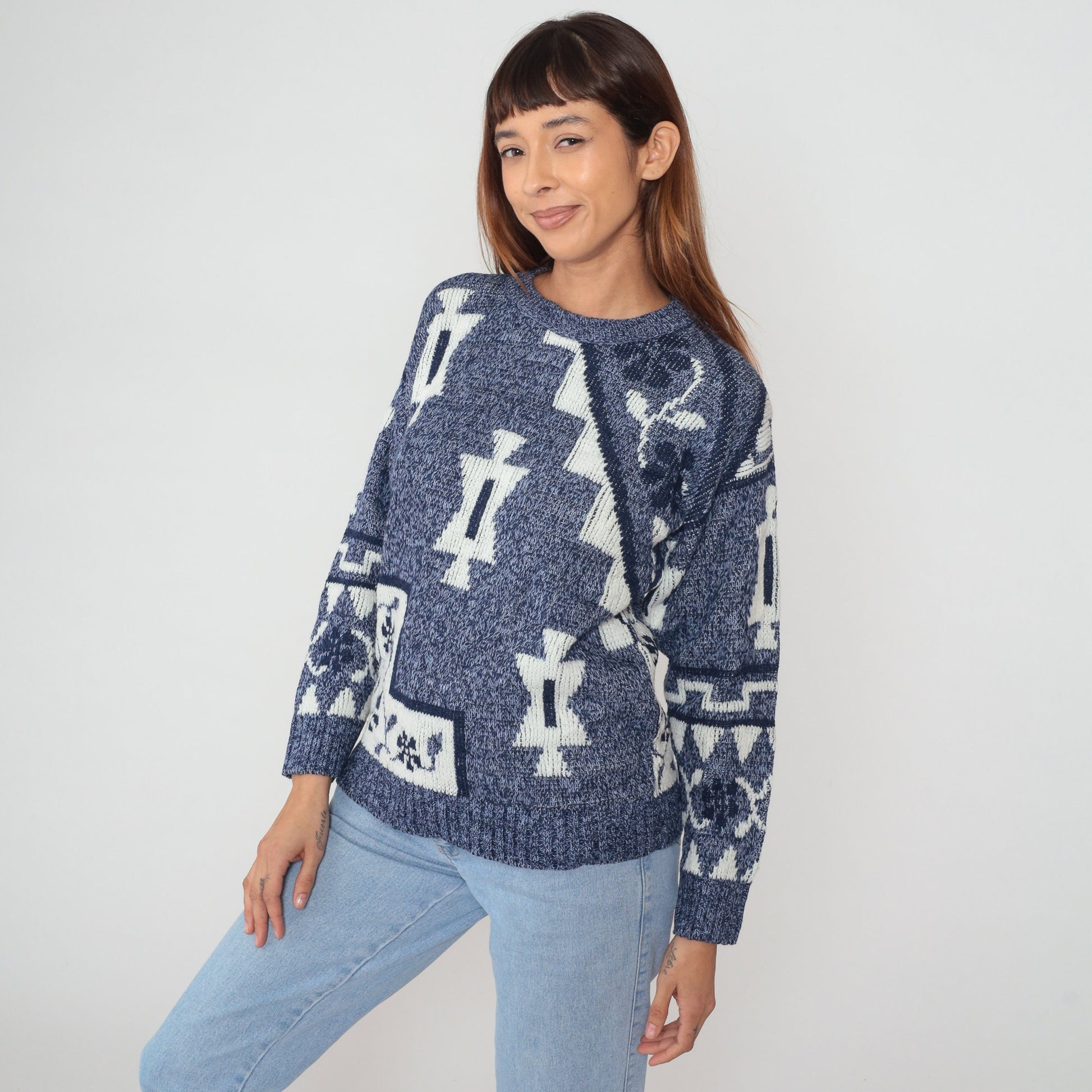 90s Blue Geometric Floral Knit Sweater Crewneck Pullover Small S