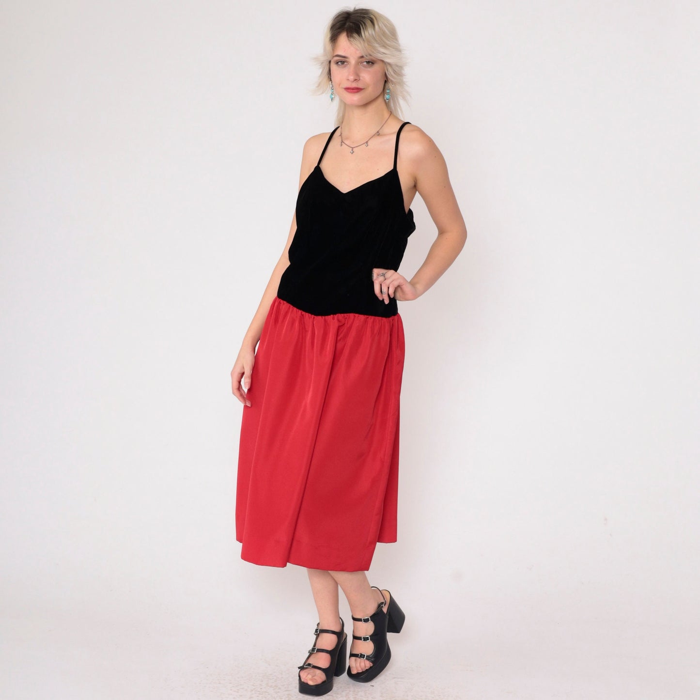 80s Velvet Colorblock Midi Dress Red Black Spaghetti Strap V Neck Medium