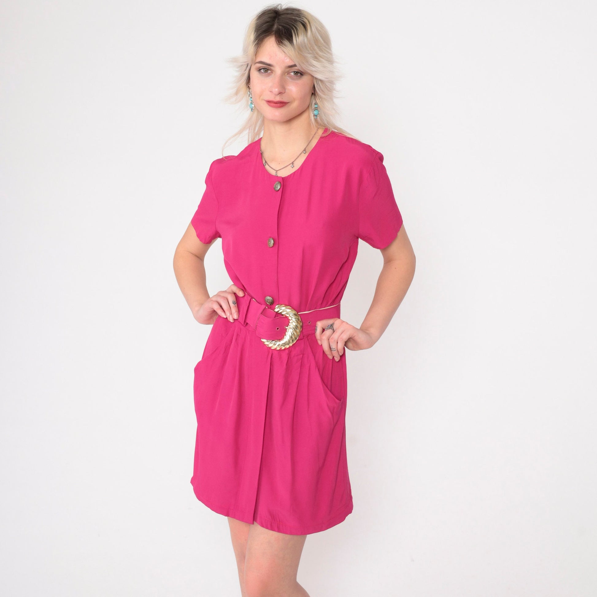 90s Hot Pink Mini Dress Button-Up Sheath Belted Short Sleeve Small