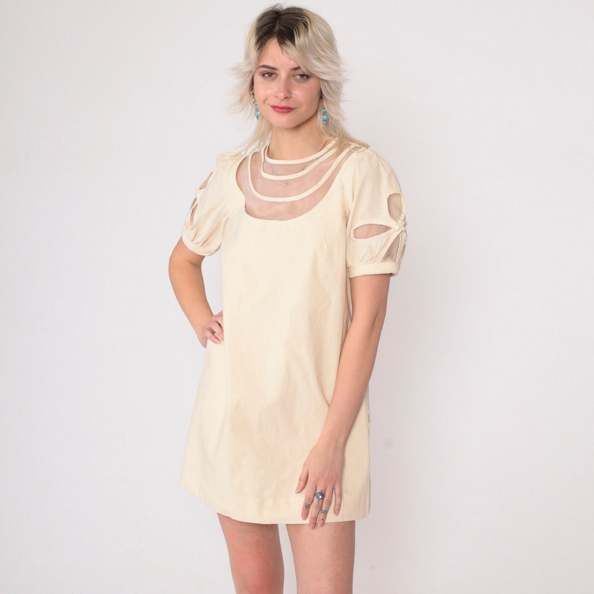 00s Cream Mini Dress Mesh Puff Sleeve Cutout Illusion Neckline Small S