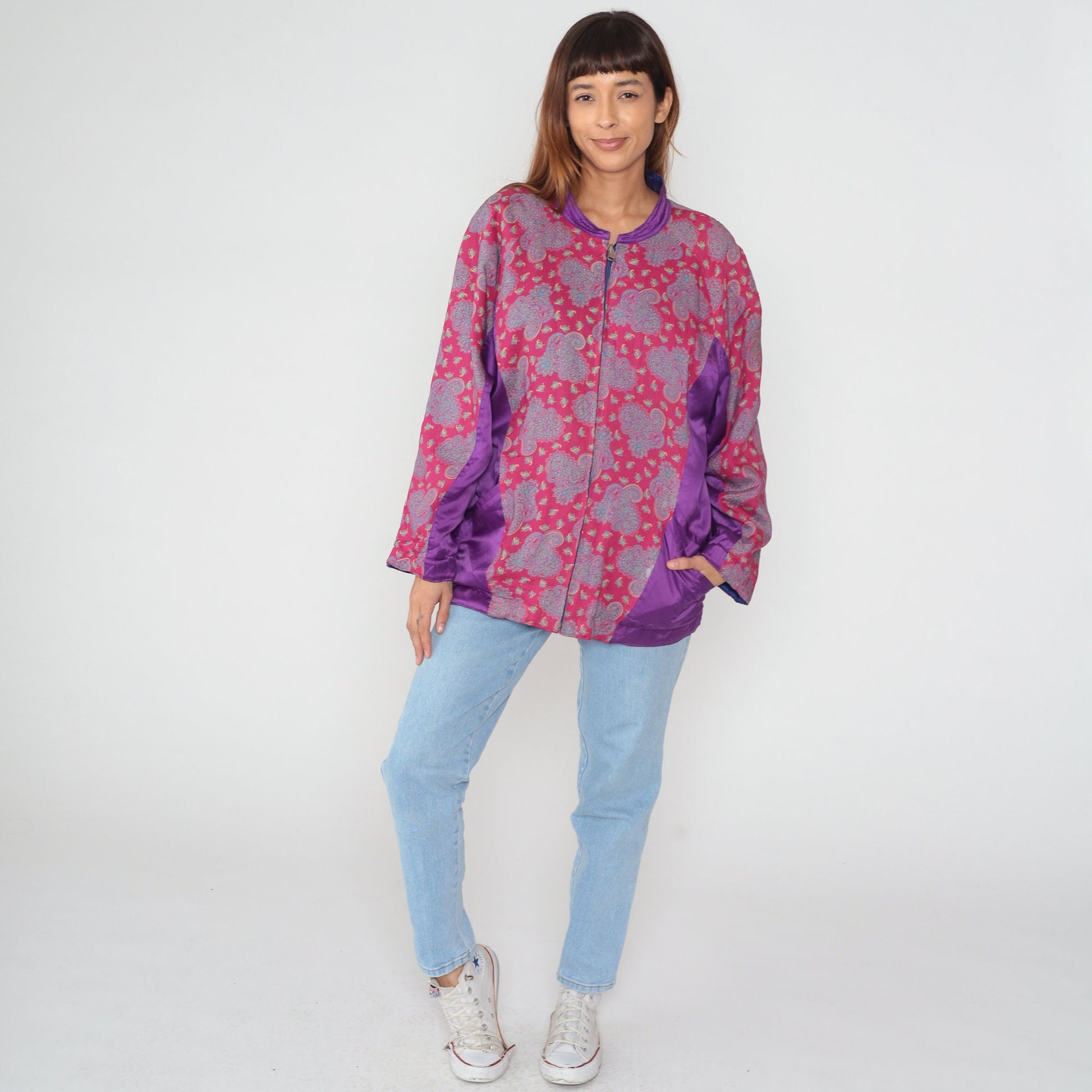 90s Paisley Silk Jacket Pink Purple Color Block Bomber Large L
