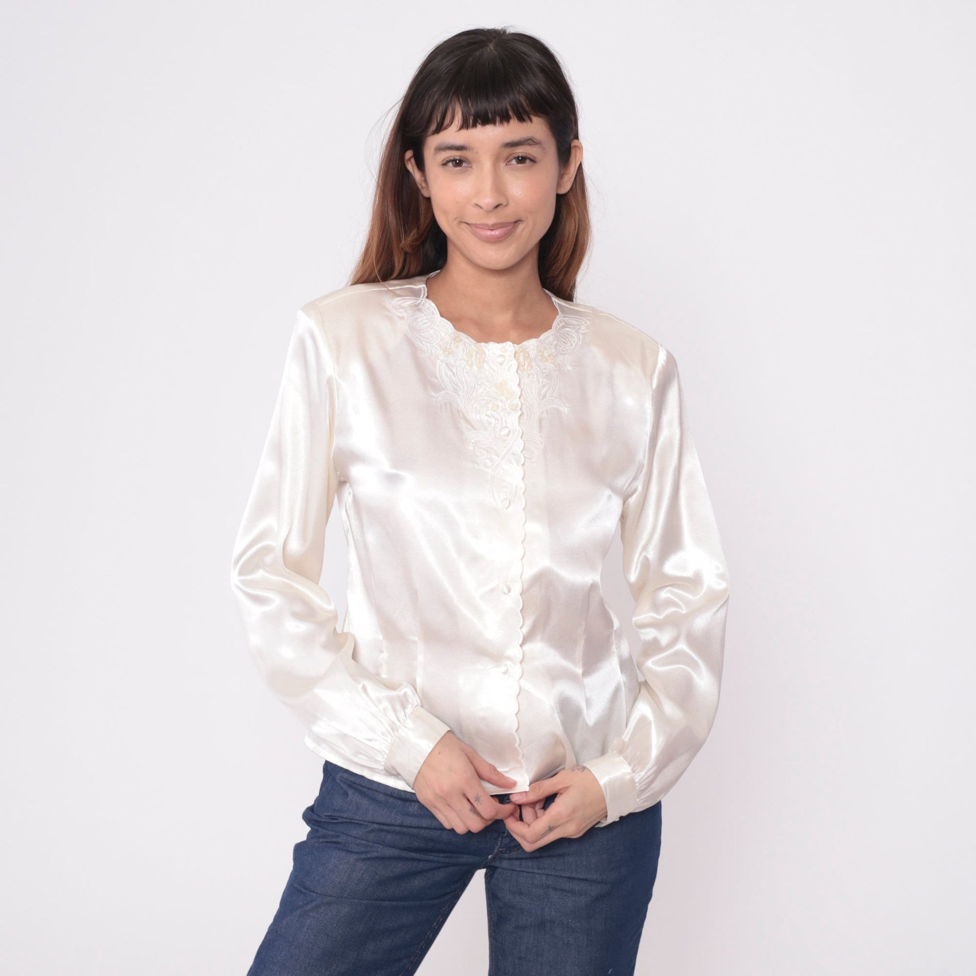 80s White Satin Blouse Embroidered Floral Beaded Sequin Long Sleeve Medium