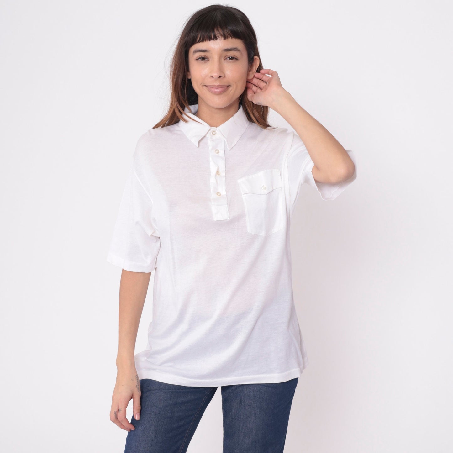 70s 80s Saks Fifth Avenue White Polo Shirt Semi-Sheer Cotton Button-Up Small
