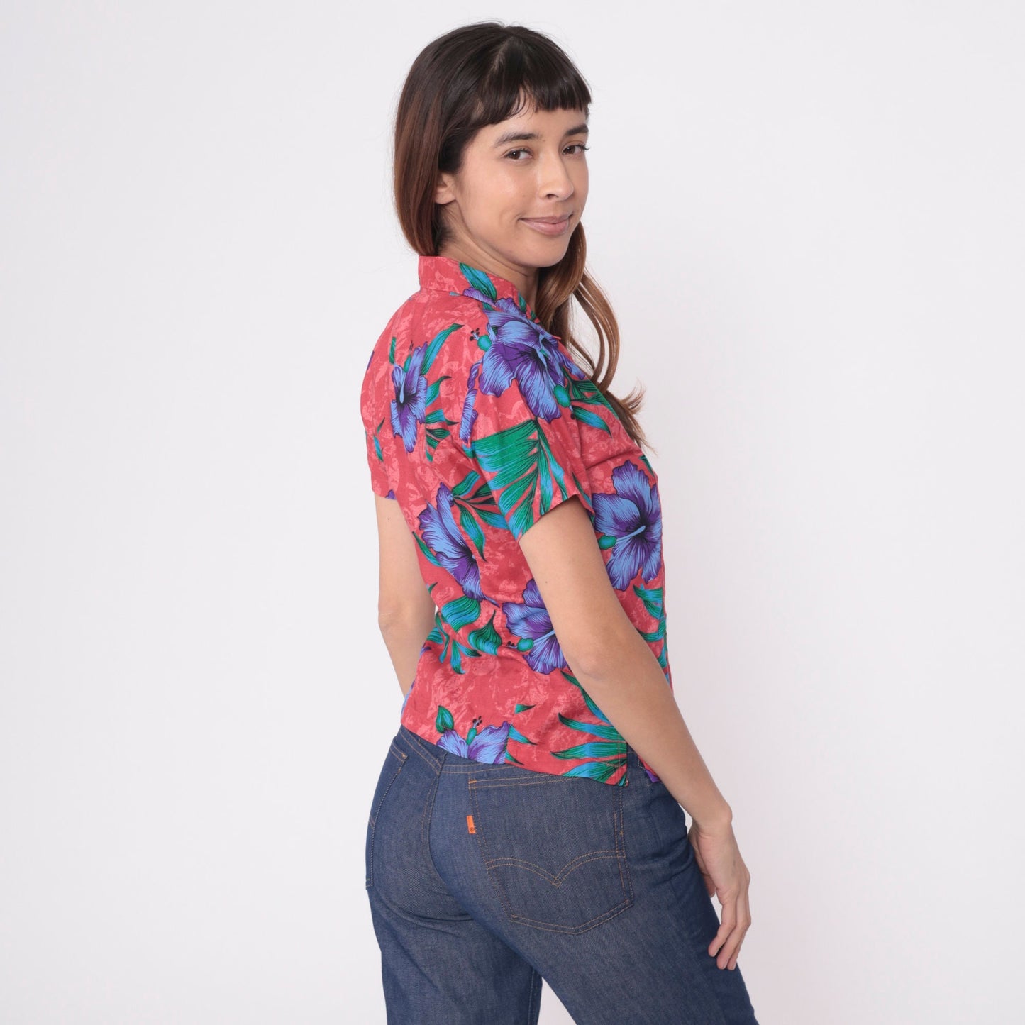 90s Red Tropical Floral Hibiscus Button-Up Blouse Short Sleeve Small