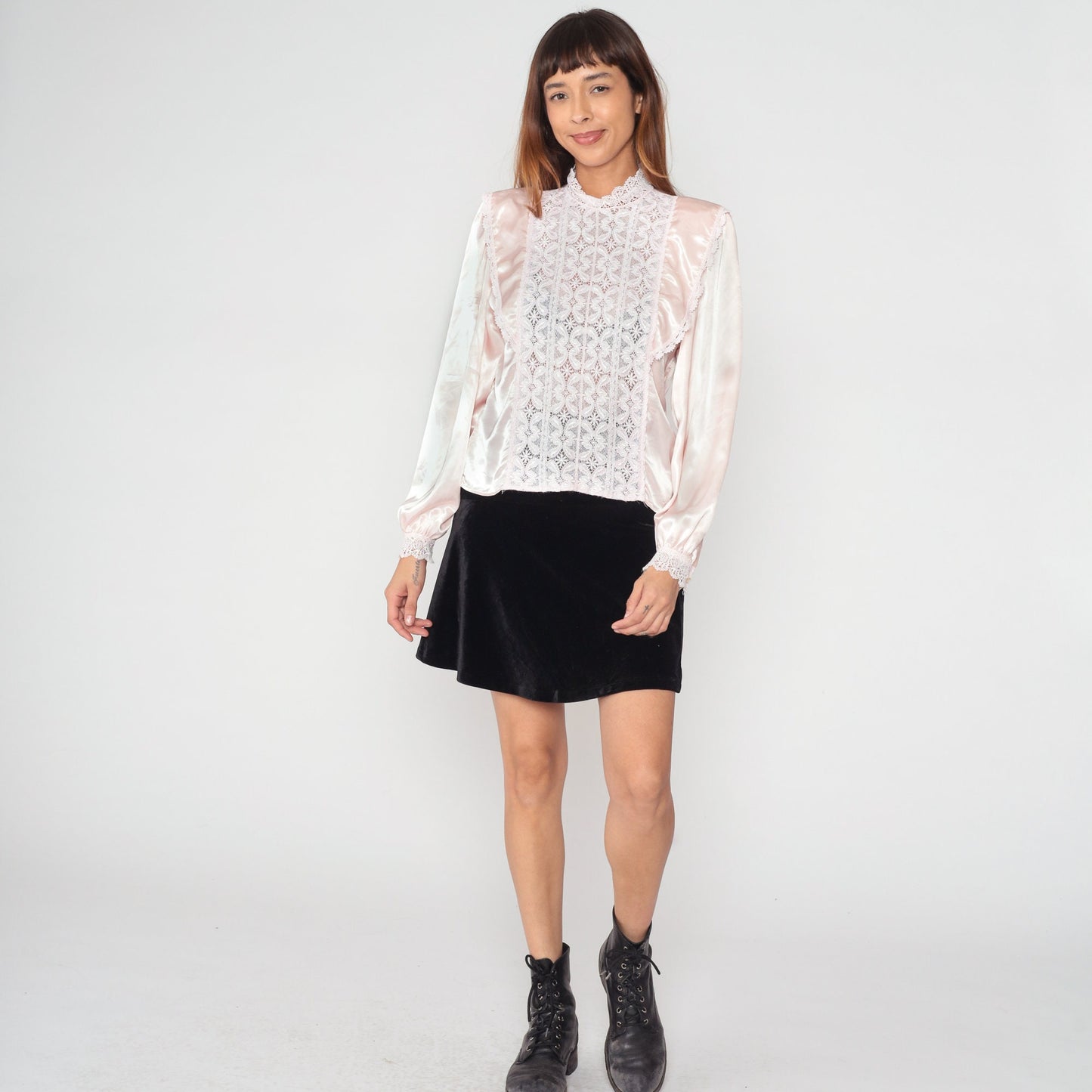 80s Baby Pink Lace Blouse Mock Neck Ruffled Long Sleeve Satin Shirt Medium