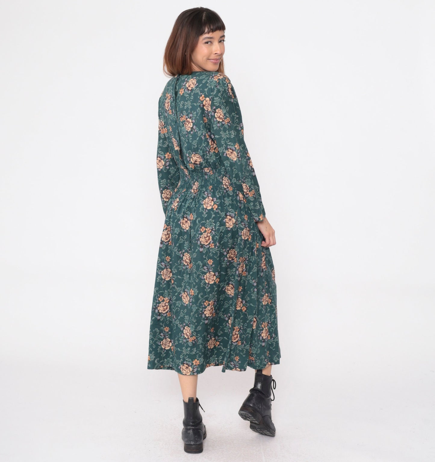 90s Karin Stevens Floral Midi Dress Green Orange Long Sleeve Drop Waist Extra Large