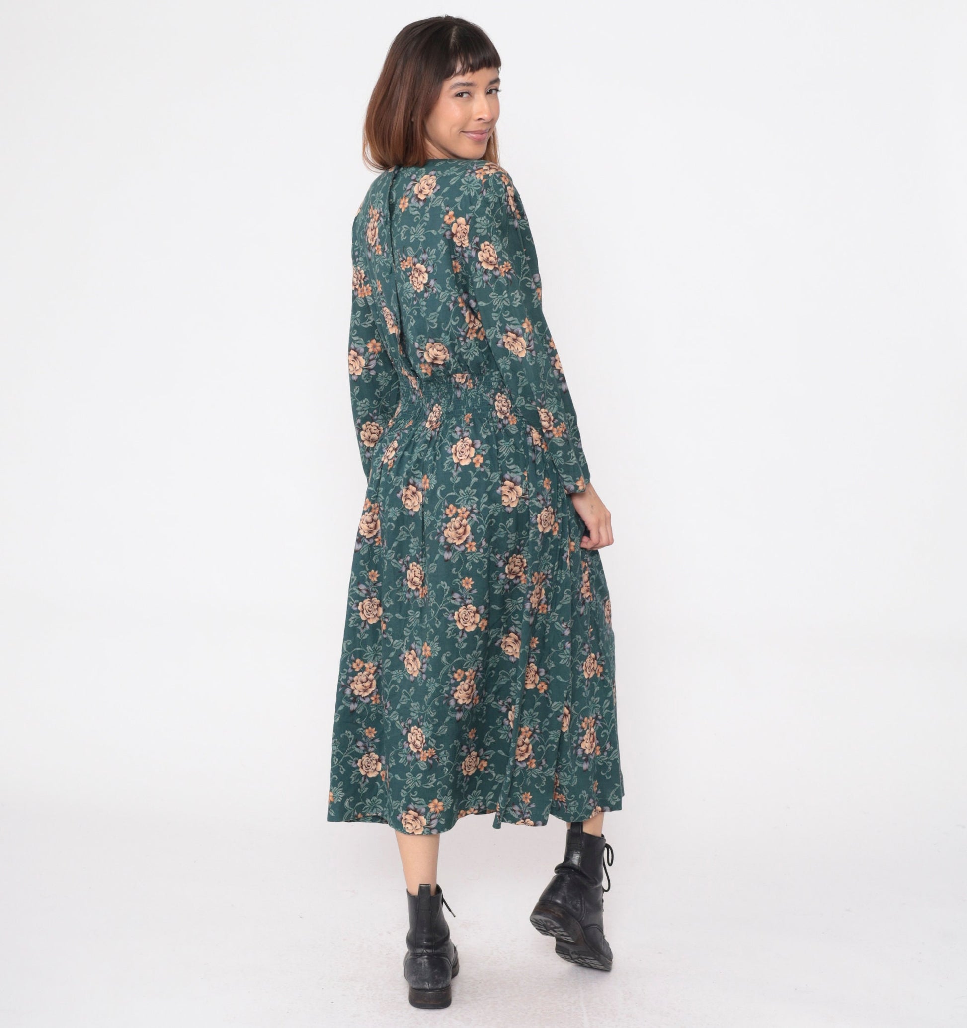 90s Karin Stevens Floral Midi Dress Green Orange Long Sleeve Drop Waist Extra Large