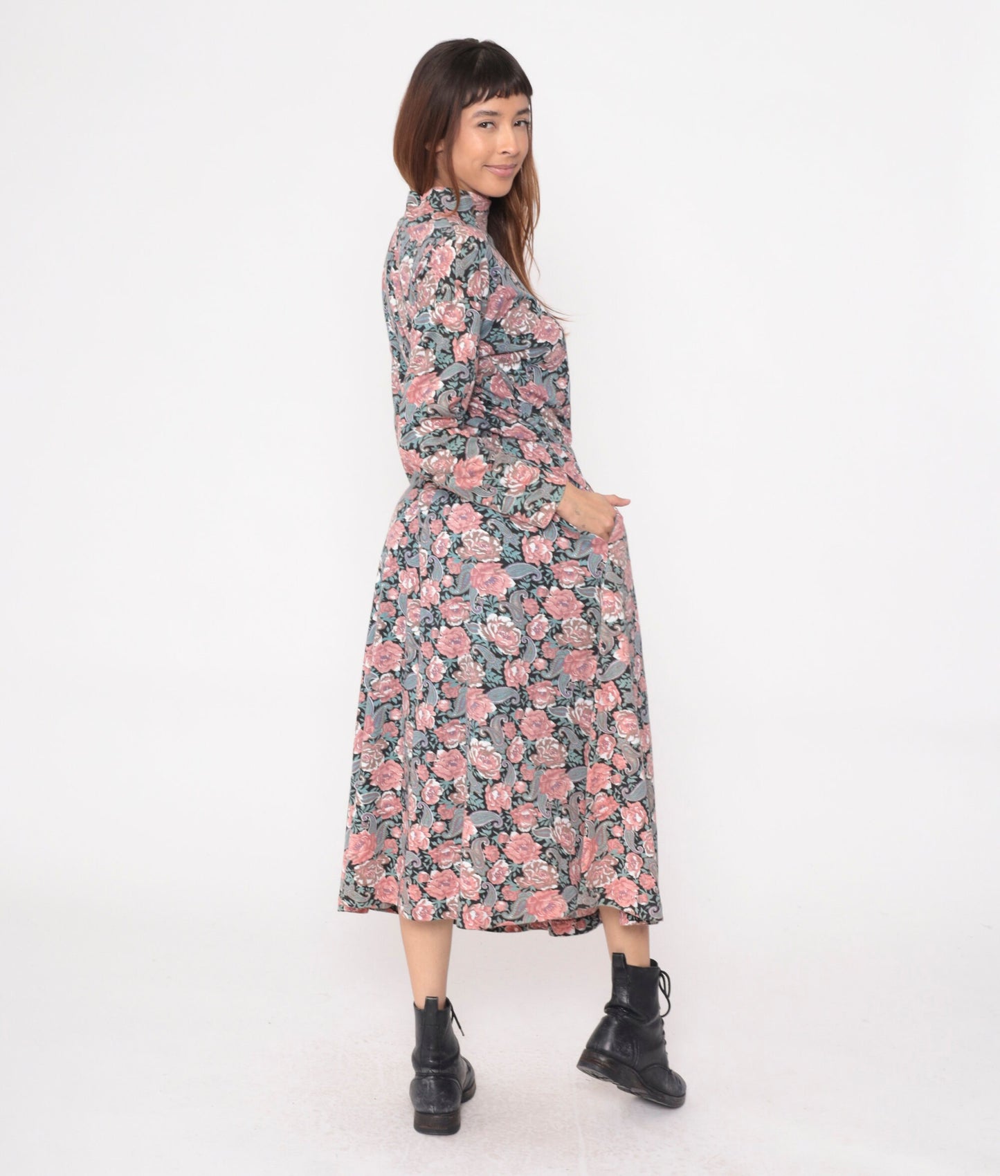90s Floral Paisley Mock Neck Midi Dress Pink Blue Long Sleeve Small