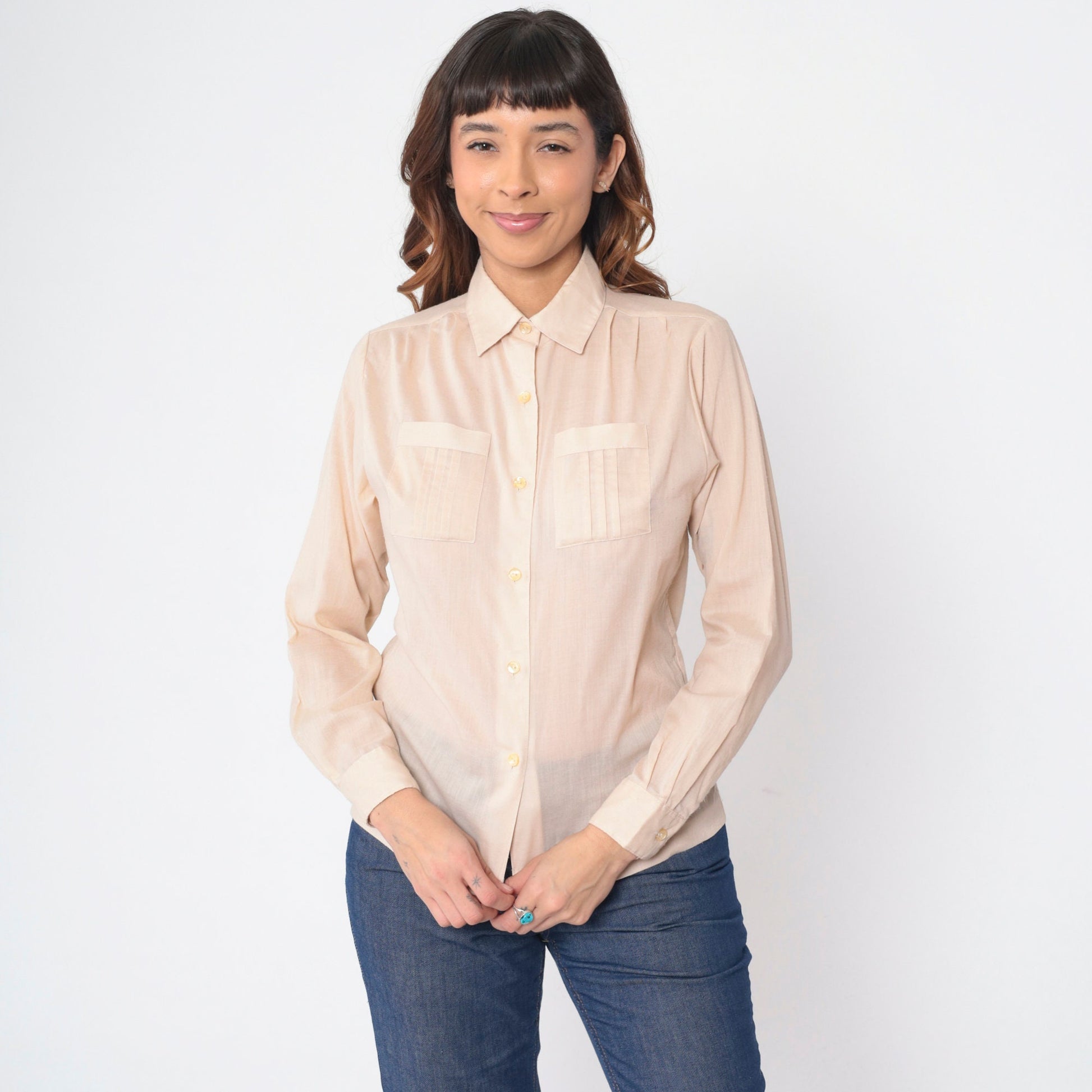 70s 80s College Town Beige Button-Up Shirt Chest Pockets Long Sleeve Small