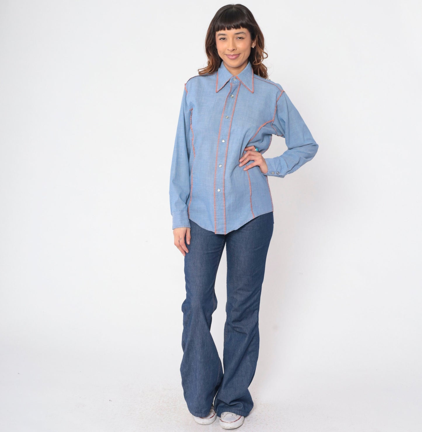 70s Andy New York Chambray Shirt Pearl Snap Western Dagger Collar Medium
