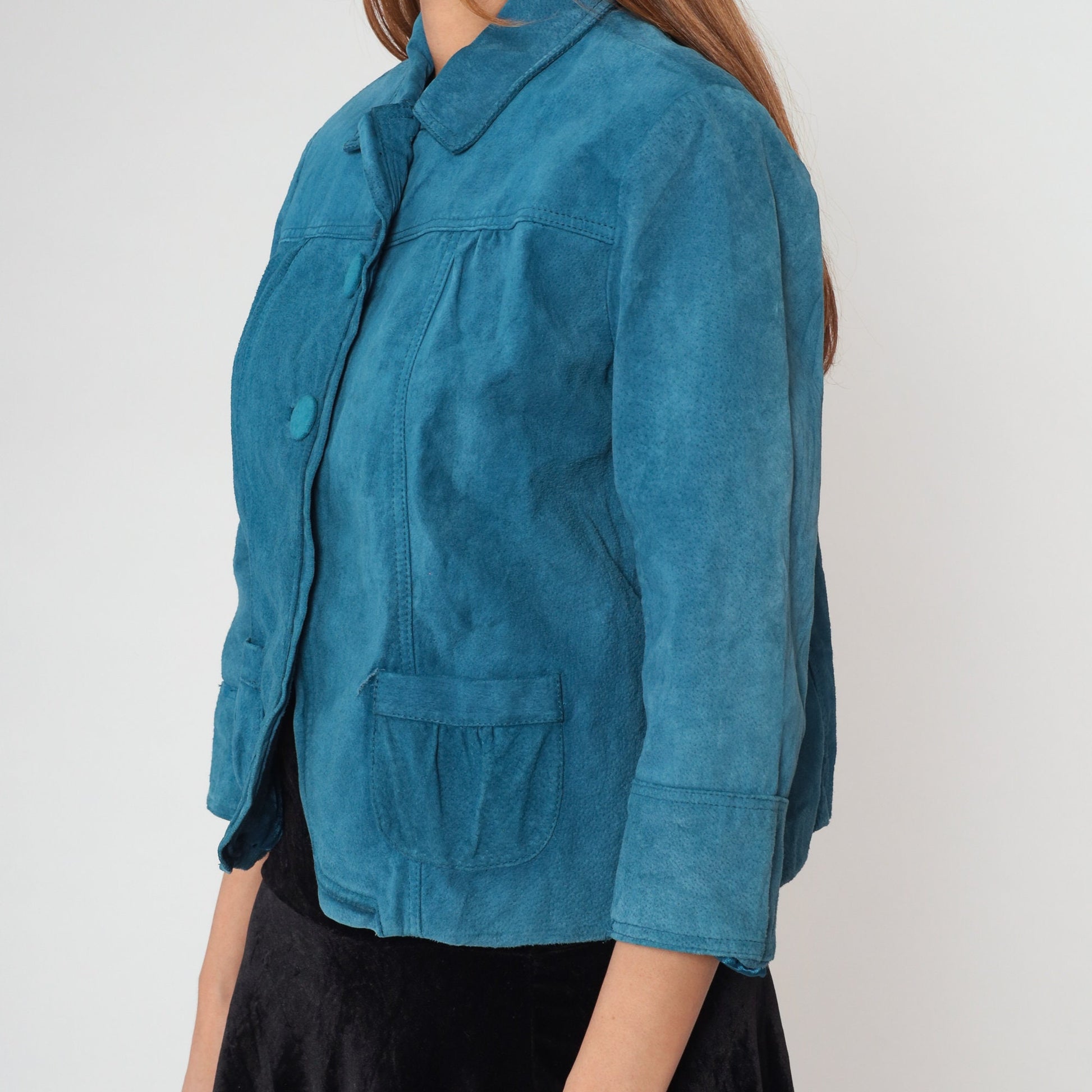 Y2K Chico's Blue Suede Jacket Cropped Button-Up 3/4 Sleeve Extra Small