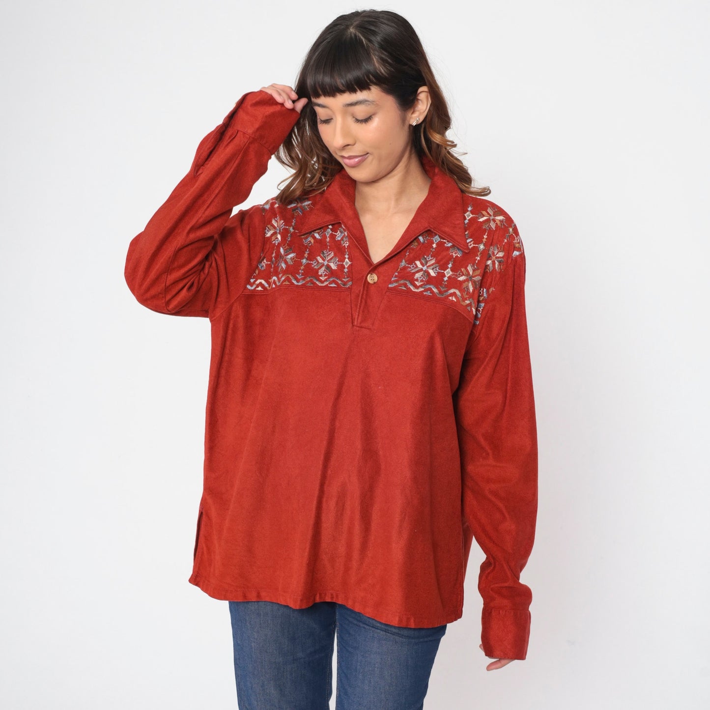70s Spire Rust Shirt Geometric Embroidered Dagger Collar Button Up Extra Large