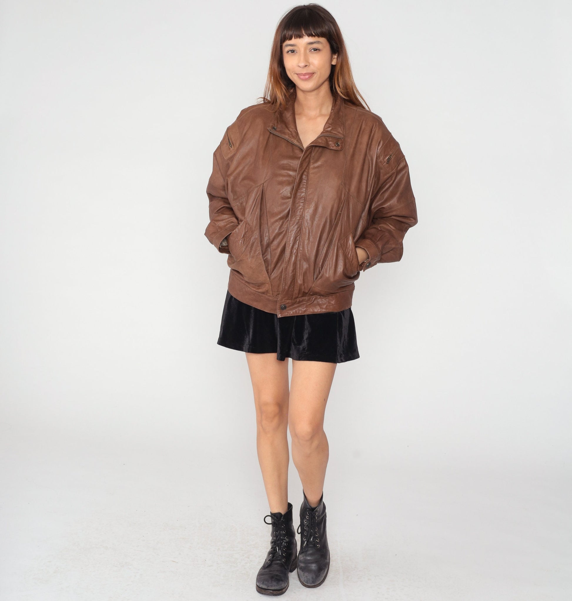 90s Brown Leather Bomber Jacket Zip Biker Moto Cafe Racer Large L