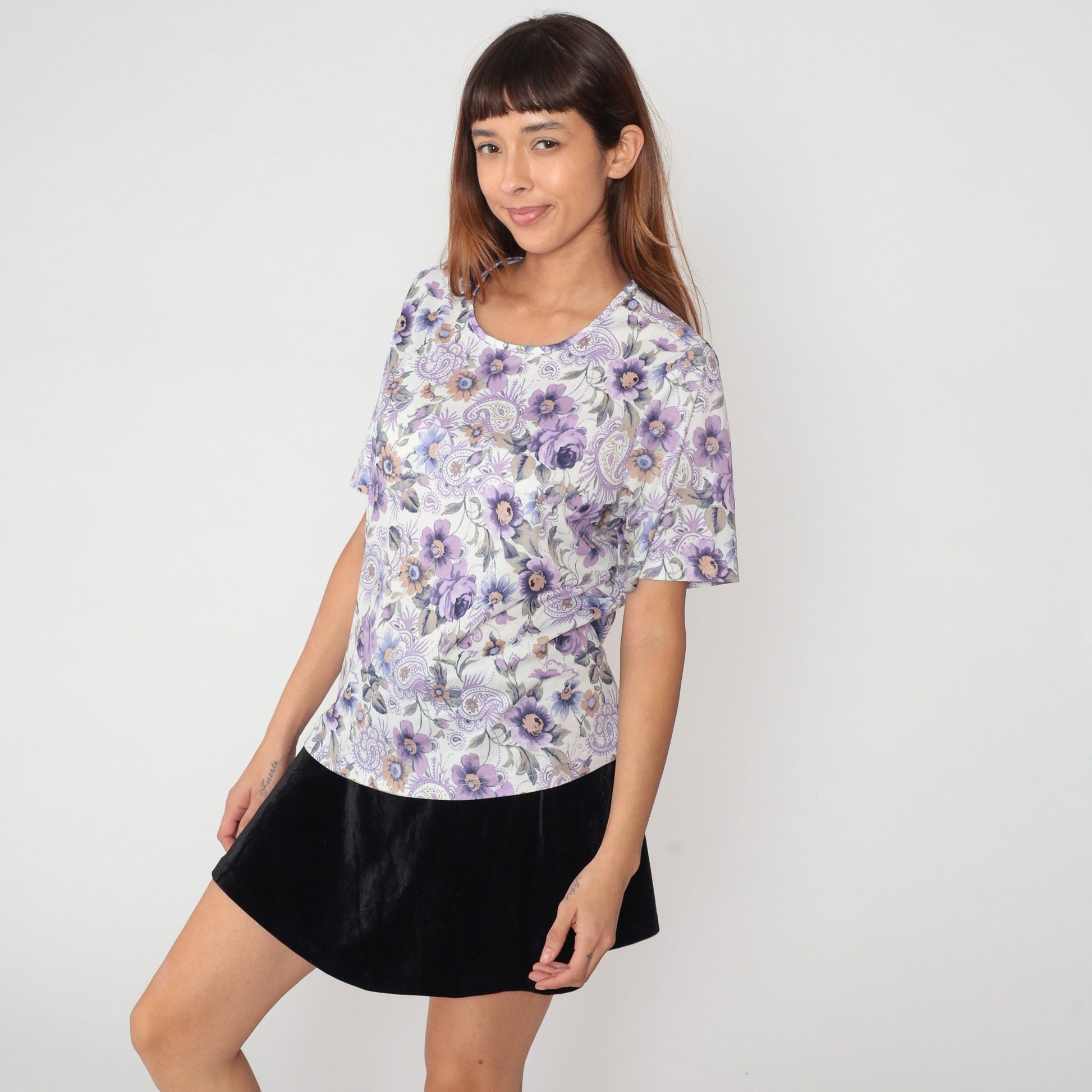 90s Purple Paisley Floral Print Blouse White Short Sleeve Top Large L