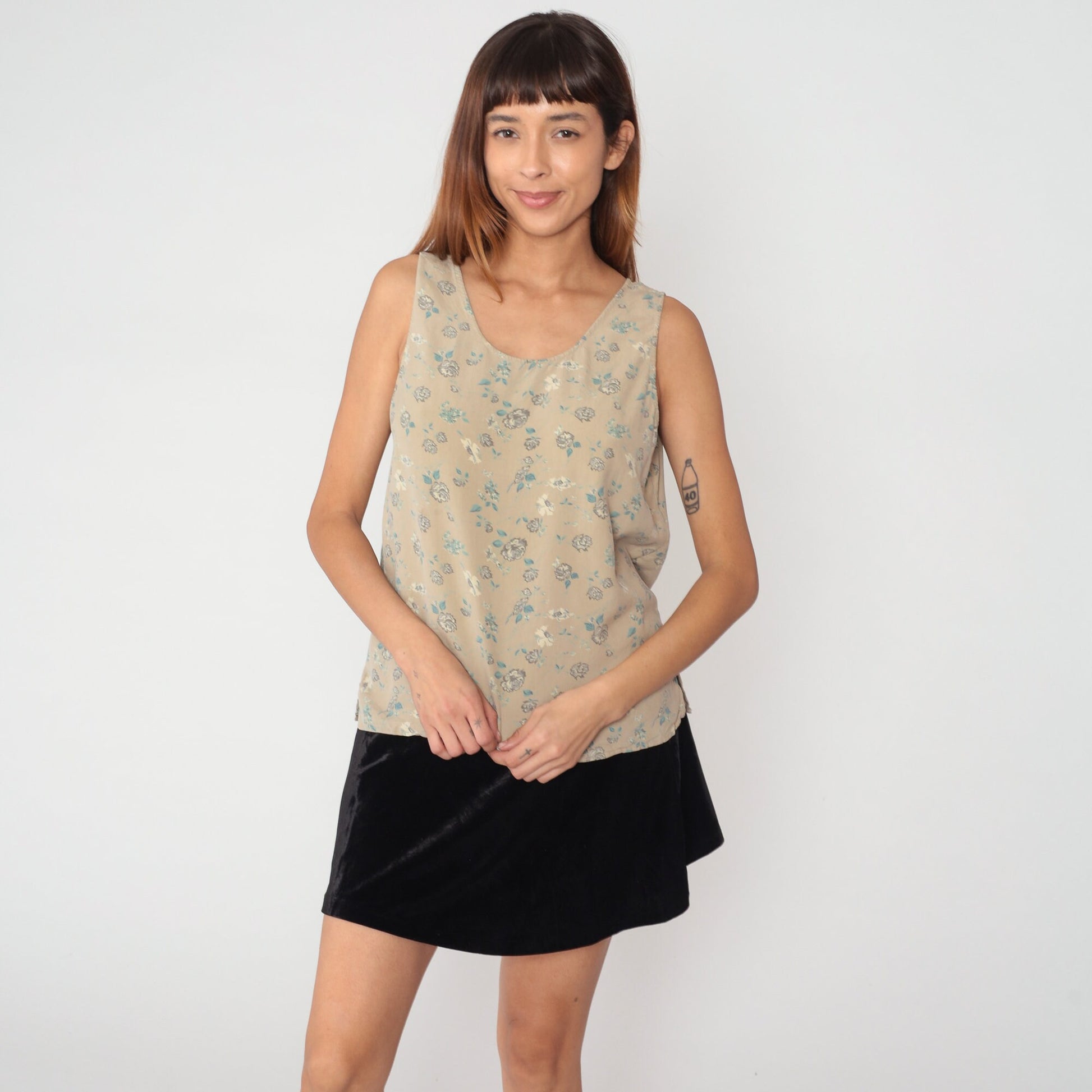 90s Silk Floral Tank Top Tan Rose Print Sleeveless Blouse Large L