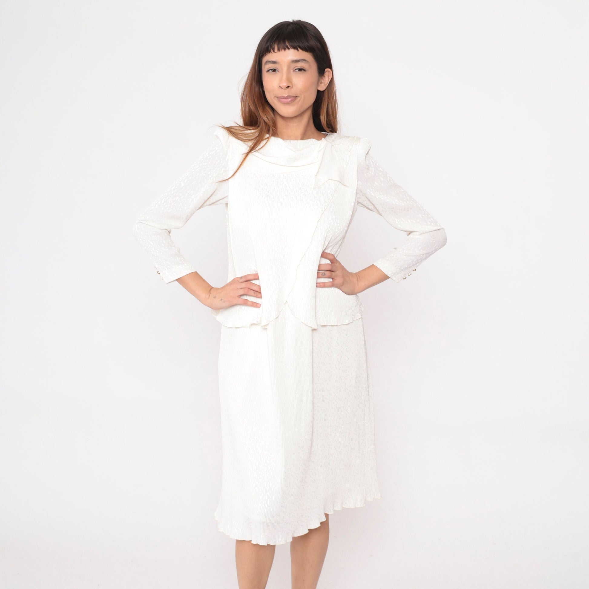 80s White Snakeskin Embossed Midi Dress Puff Sleeve Pearl Beaded Small
