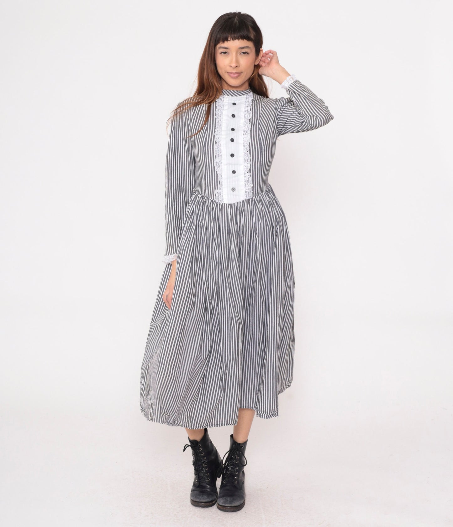 80s Grey White Striped Midi Dress Tuxedo Lace Bib Puff Sleeve Small