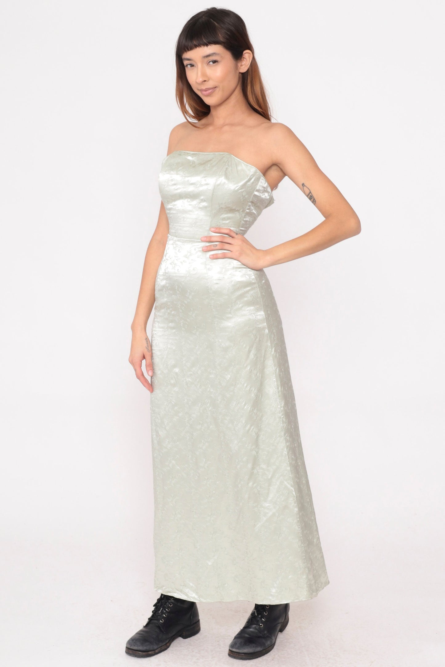 Y2K Jessica McClintock Silver Floral Embroidered Strapless Maxi Dress Extra Small