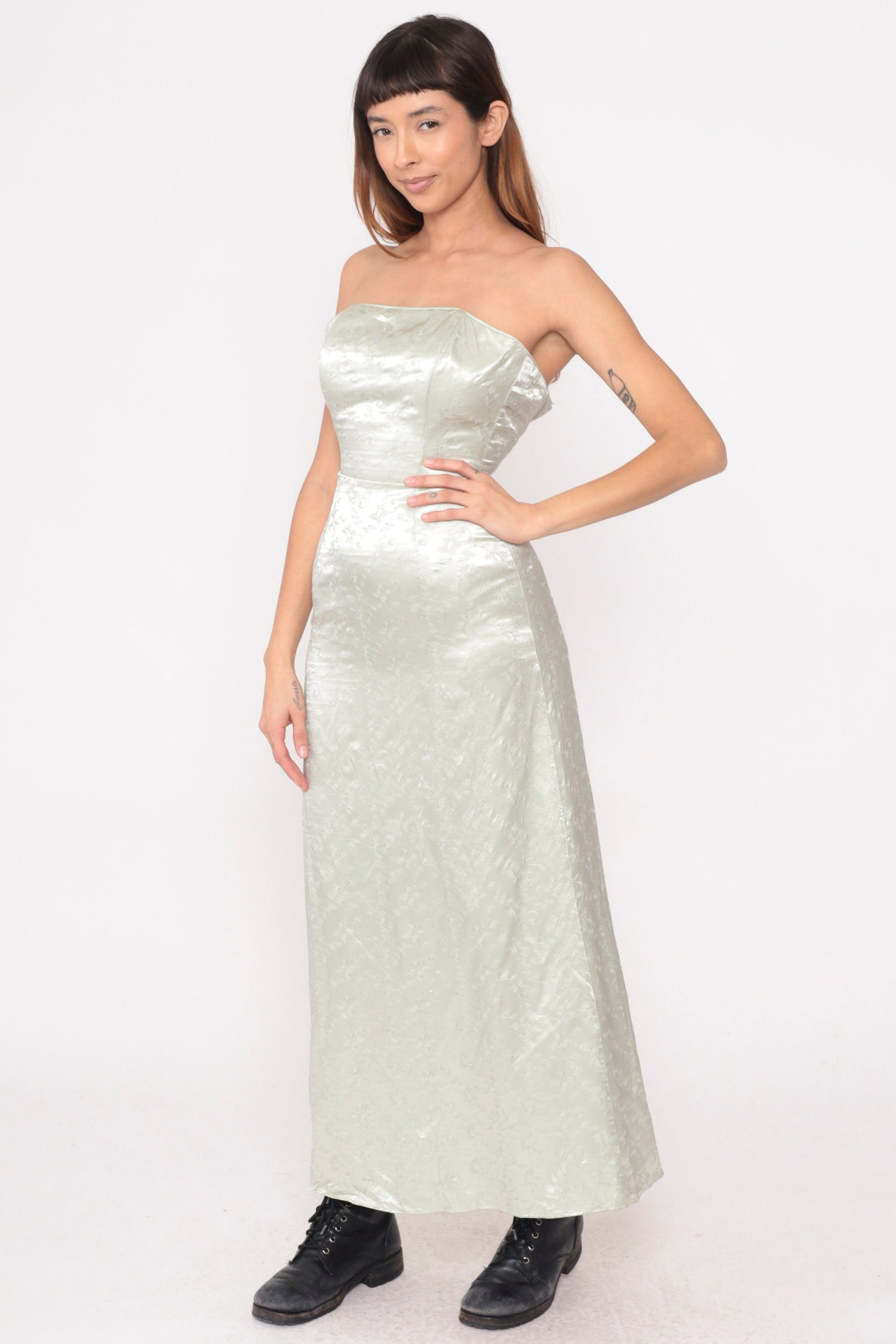 Y2K Jessica McClintock Silver Floral Embroidered Strapless Maxi Dress Extra Small