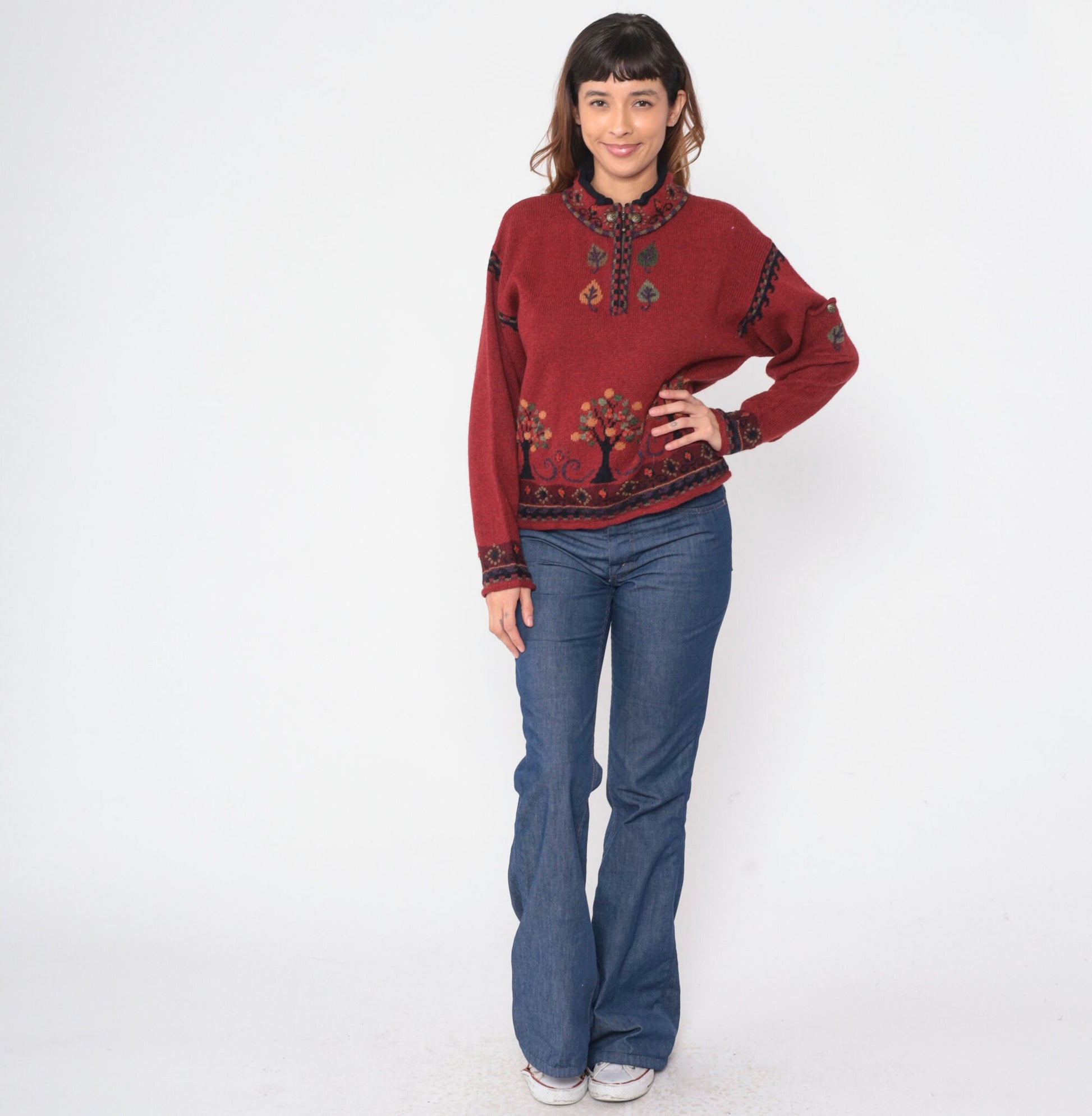 Y2K Icelandic Wool Sweater Quarter Zip Tree Print Red Medium