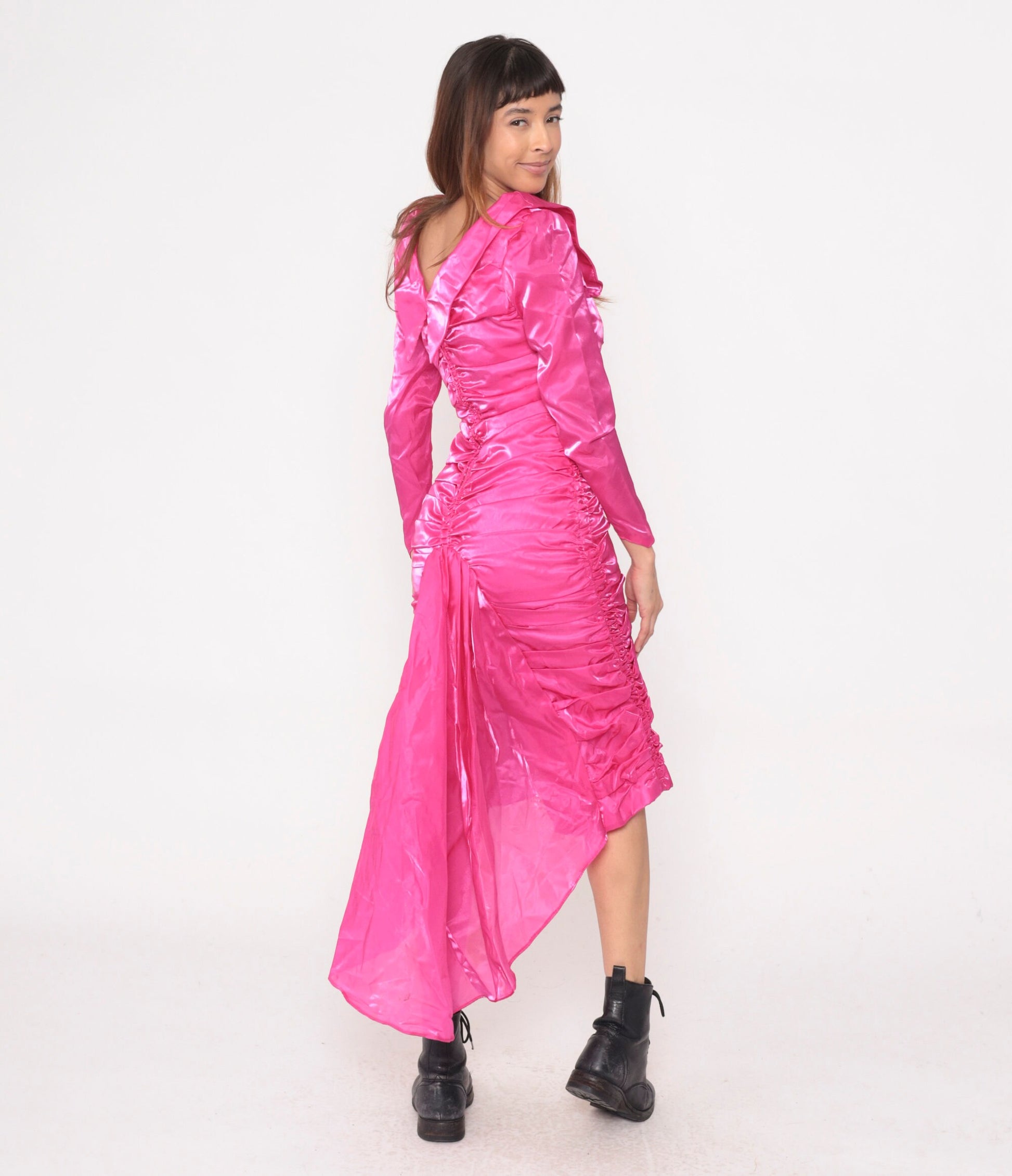 80s Hot Pink Satin Midi Dress Puff Sleeve Ruched Sheath Train Small