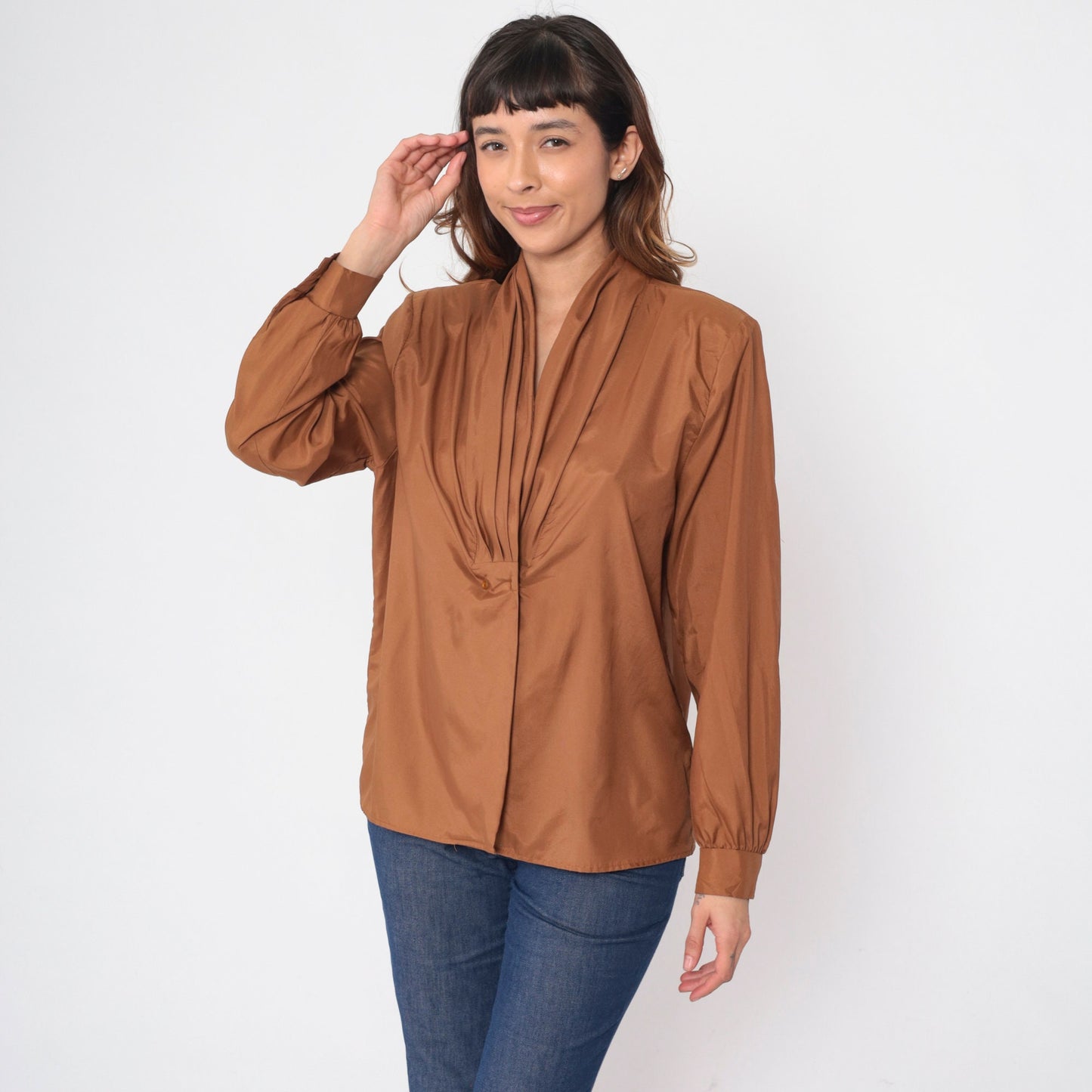 80s Brown Puff Sleeve Blouse Double Breasted Button Up Pleated Shirt Large