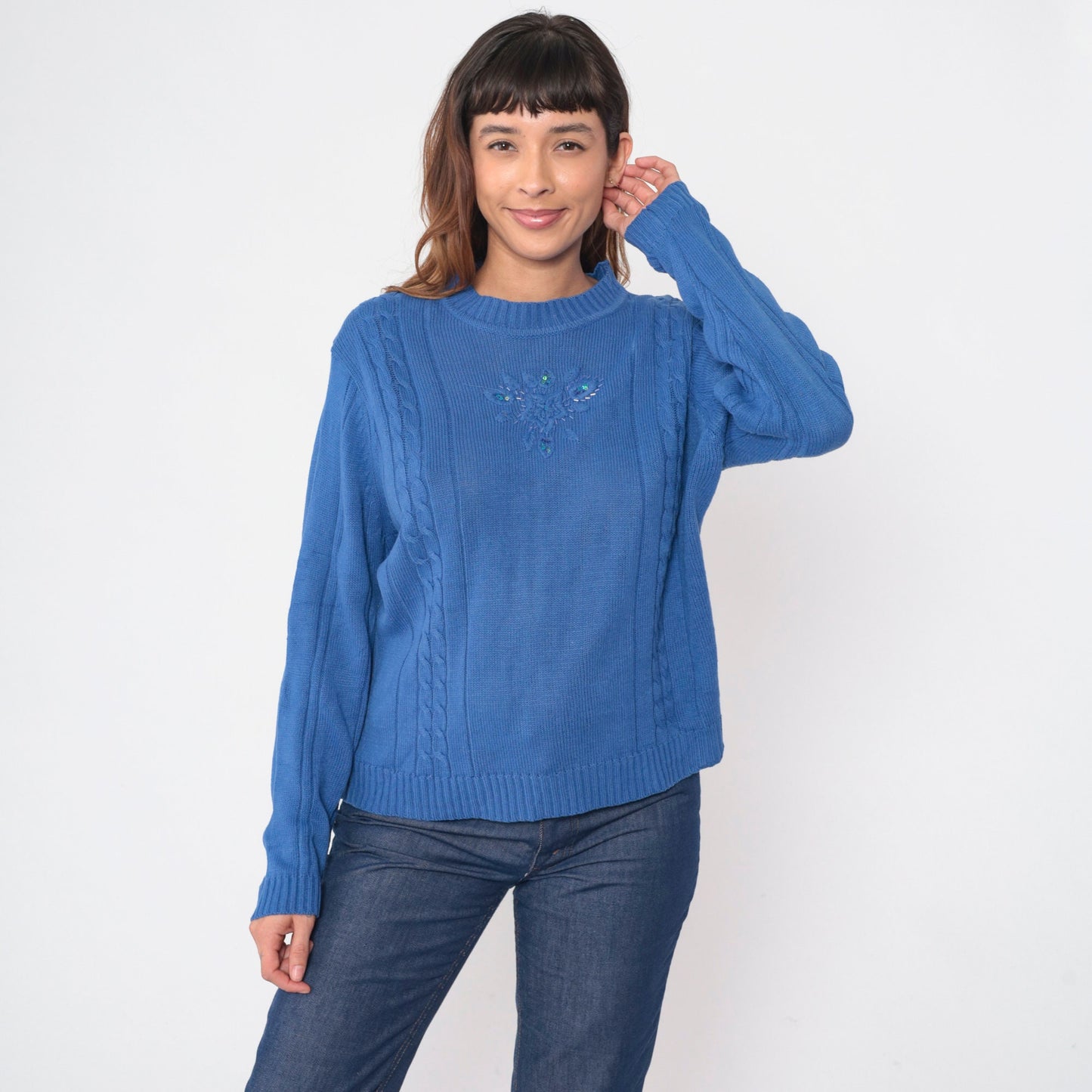 80s Blue Cable Knit Sweater Beaded Floral Design Pullover Large L