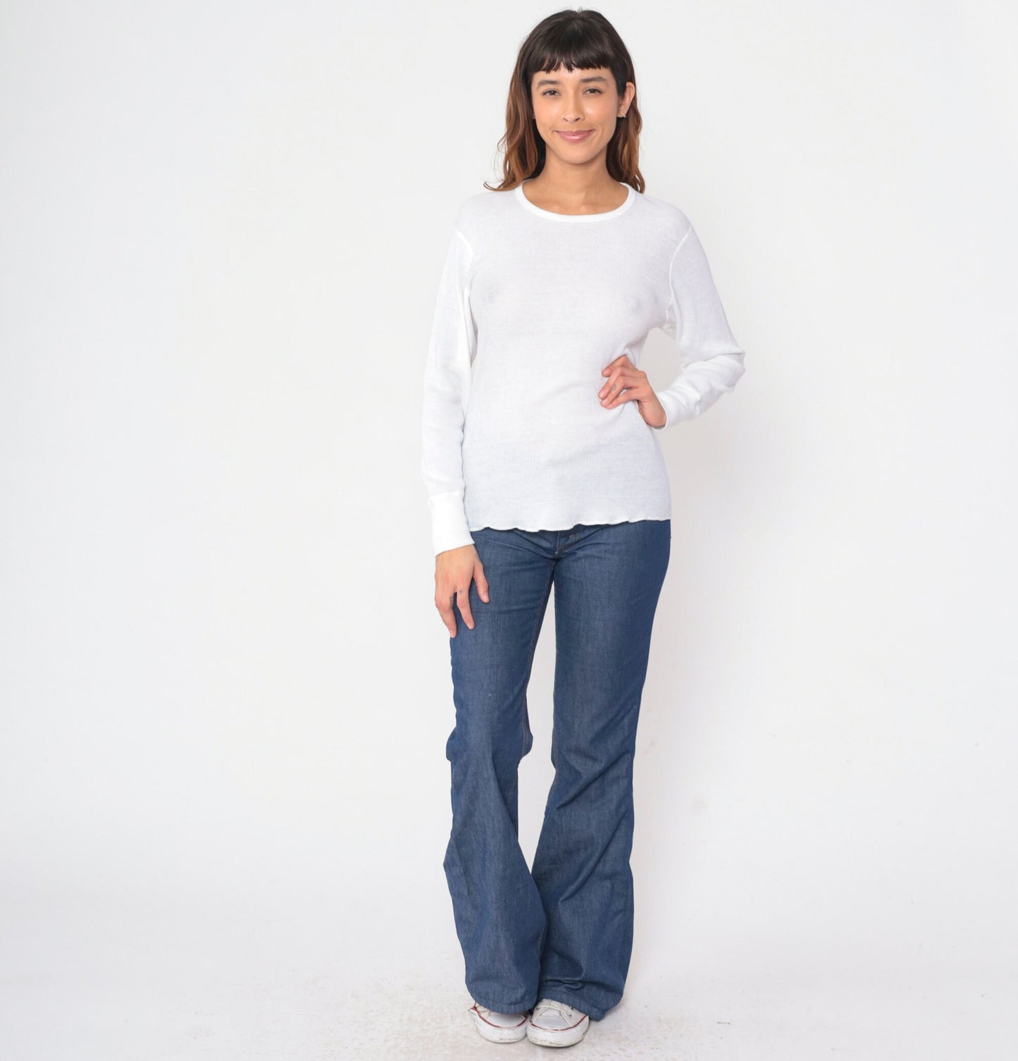 80s White Thermal Waffle Knit Long Sleeve Undershirt Medium