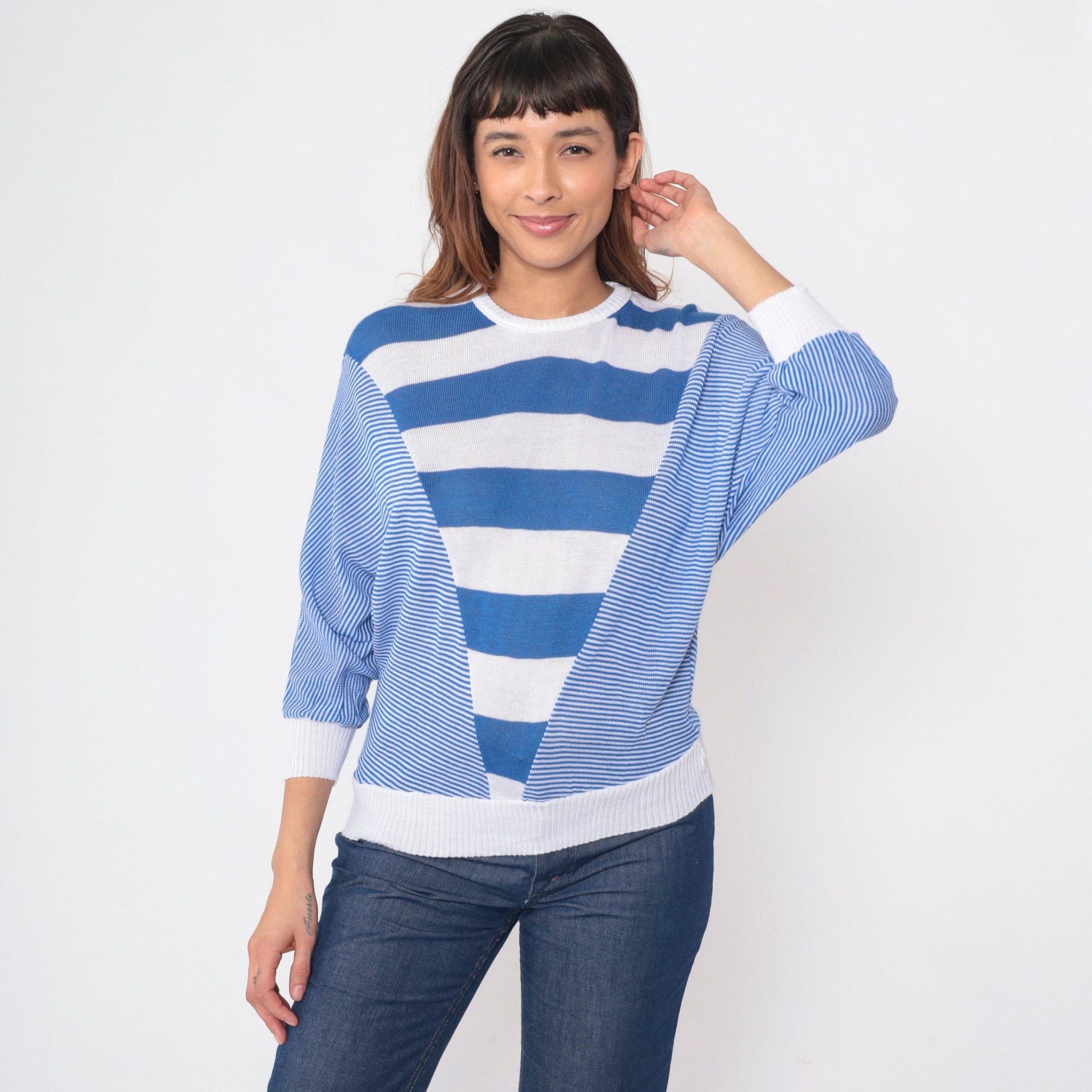 80s Blue White Striped Dolman Sweater Knit Pullover 3/4 Batwing Sleeve Medium M