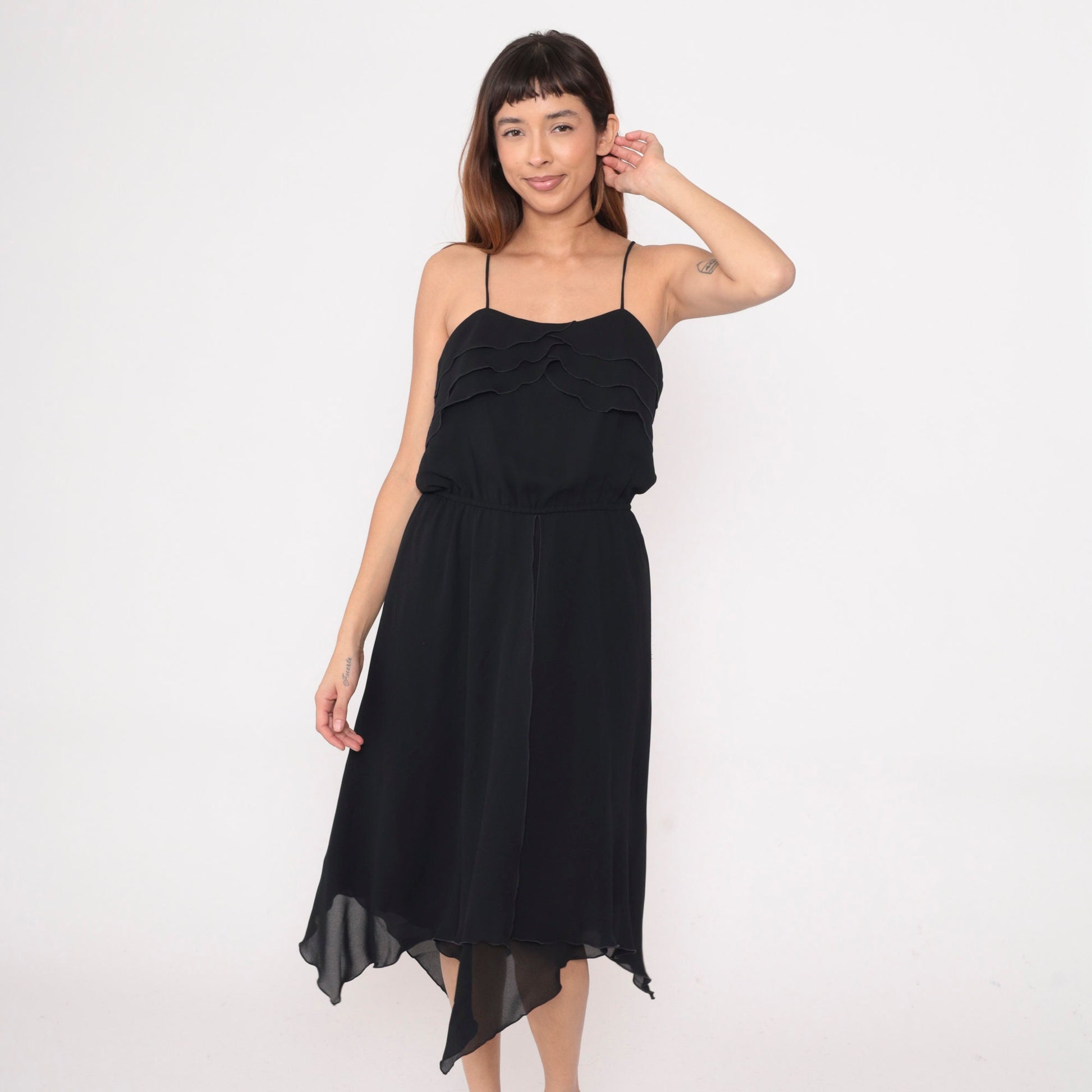 1970s Black Saks Fifth Avenue Midi Dress Ruffled Neckline Spaghetti Strap Small