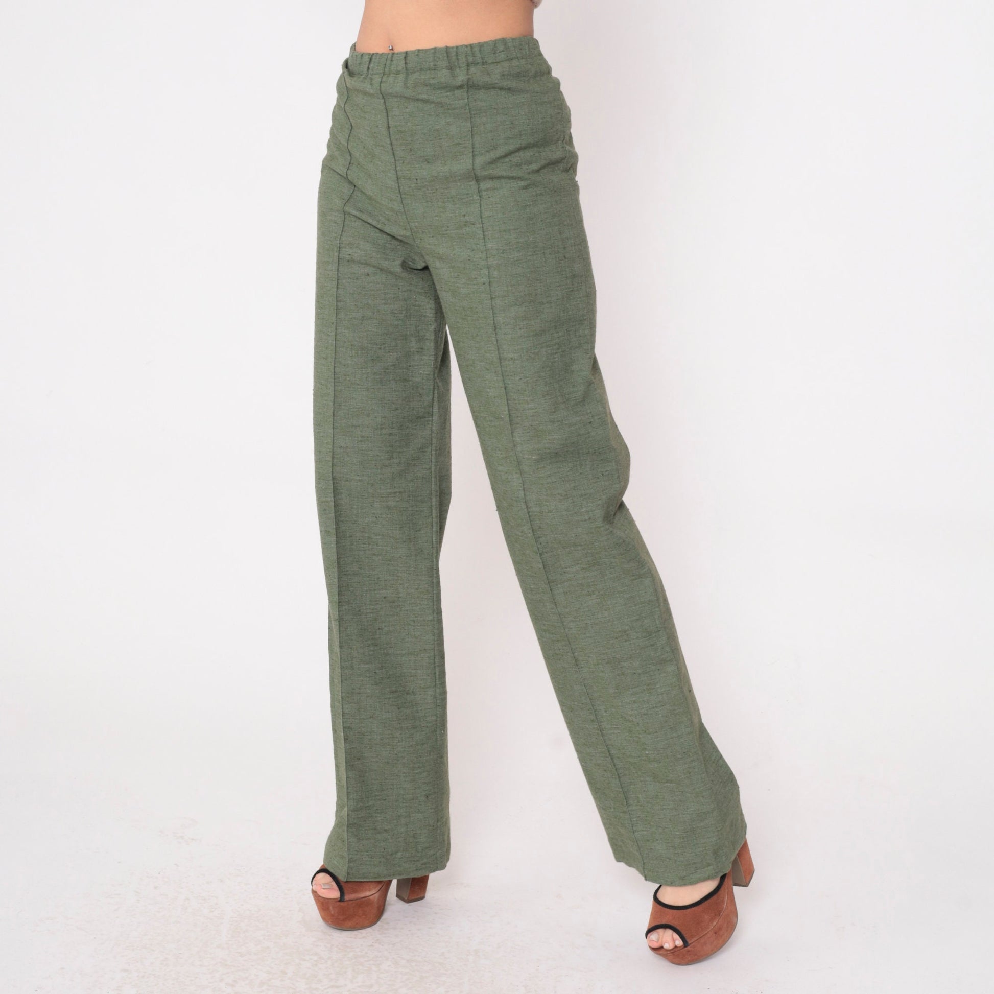 70s Wide Leg Trousers Heathered Green High Waist Creased Medium