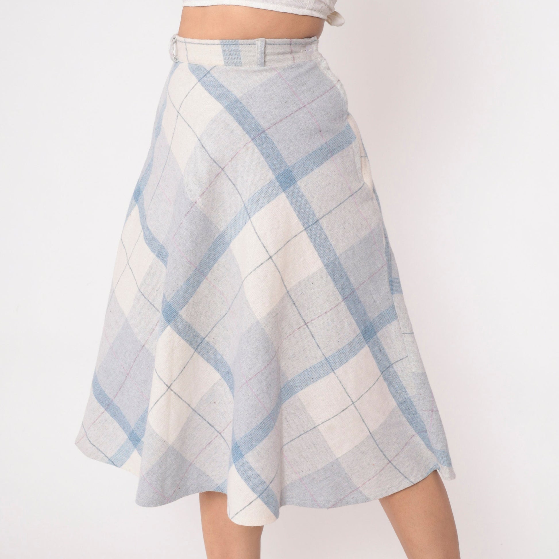 70s Plaid Midi Skirt High Waisted Blue White Wool Blend Extra Small