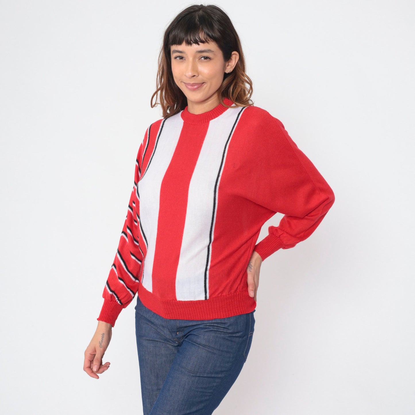 80s Striped Dolman Sleeve Knit Sweater Red White Black Crewneck Medium