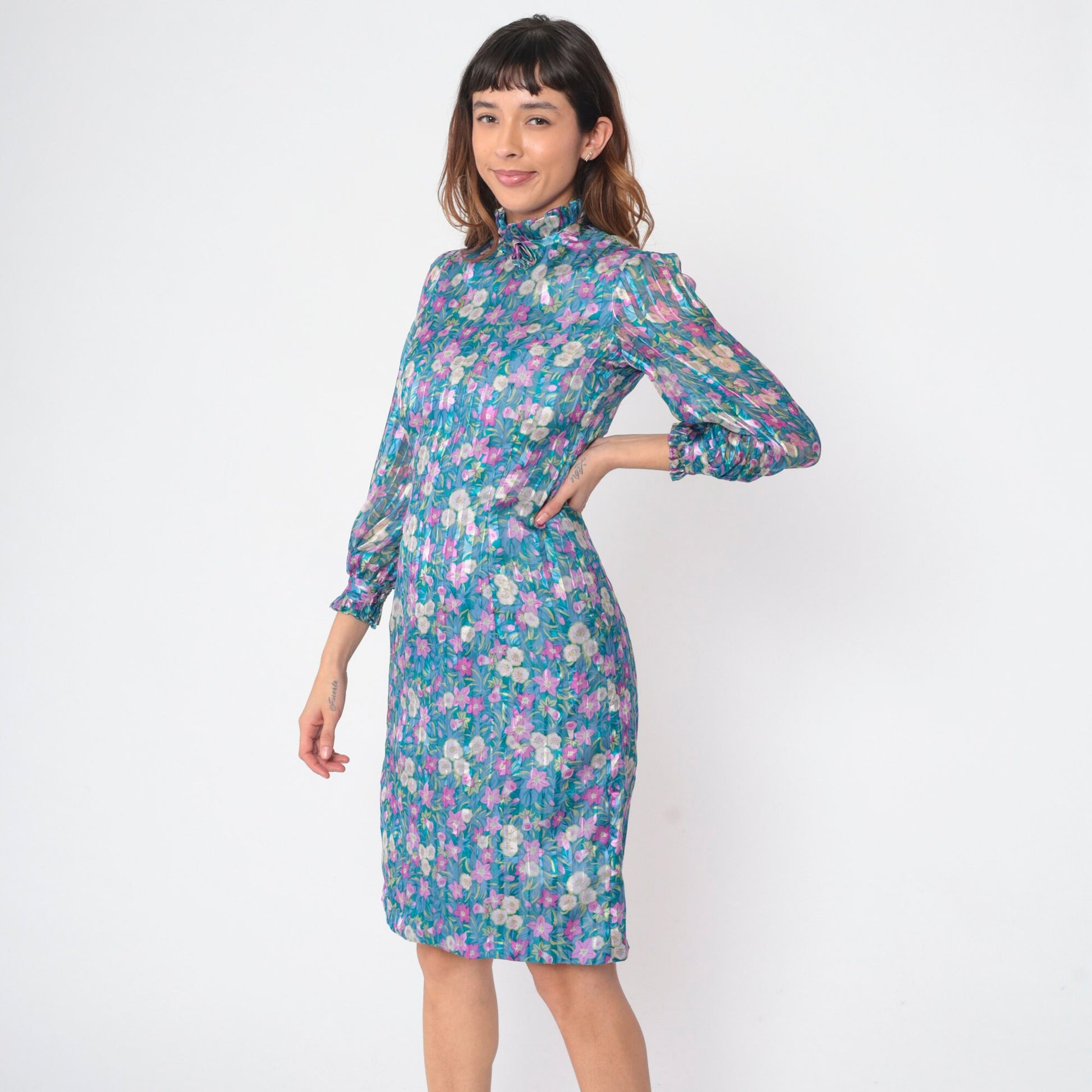 70s Blue Floral Silk Dress Long Sleeve Mock Neck Ruffle Knee Length Small S