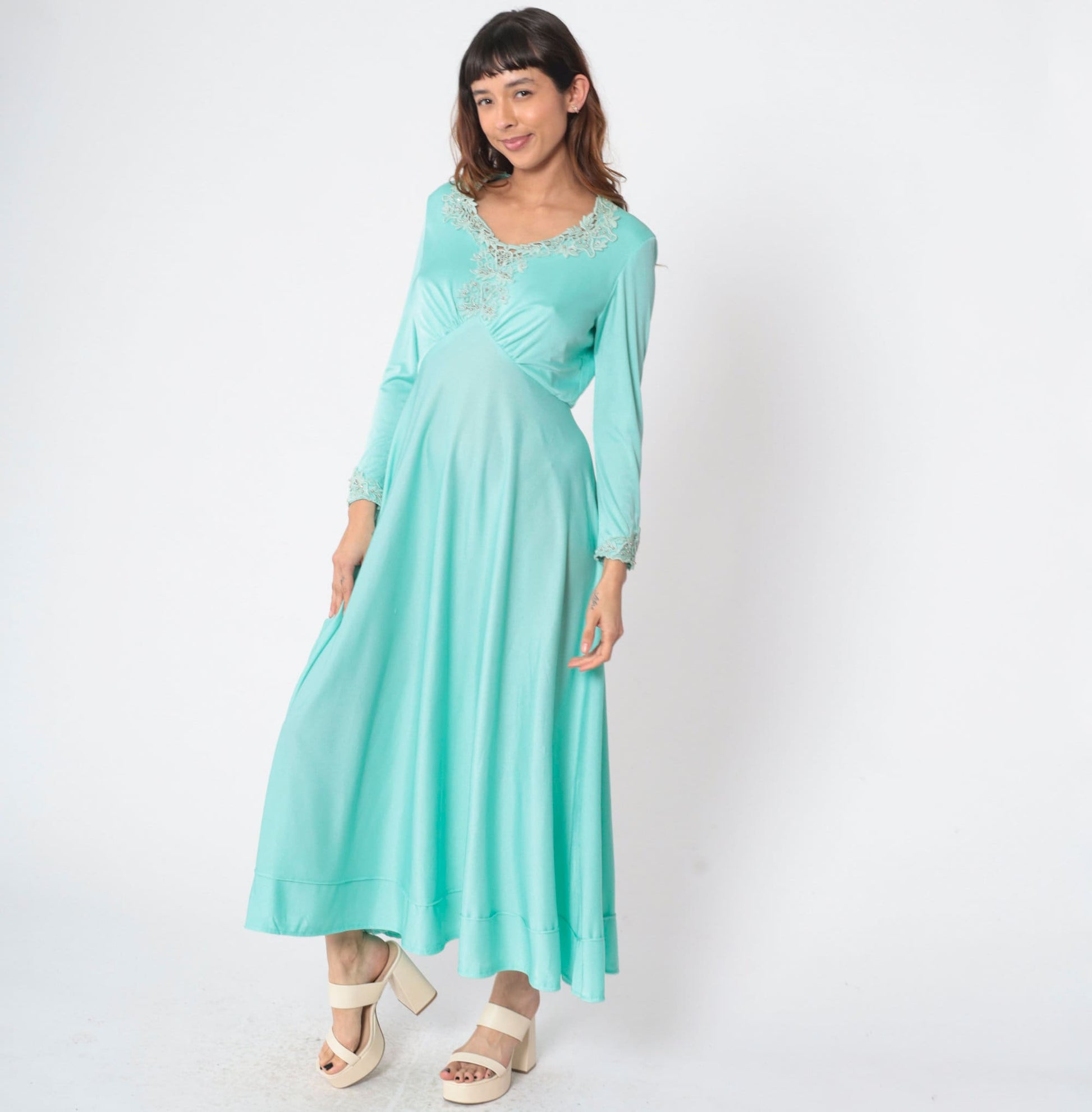70s Seafoam Floral Beaded Maxi Dress Long Sleeve Empire Waist Medium
