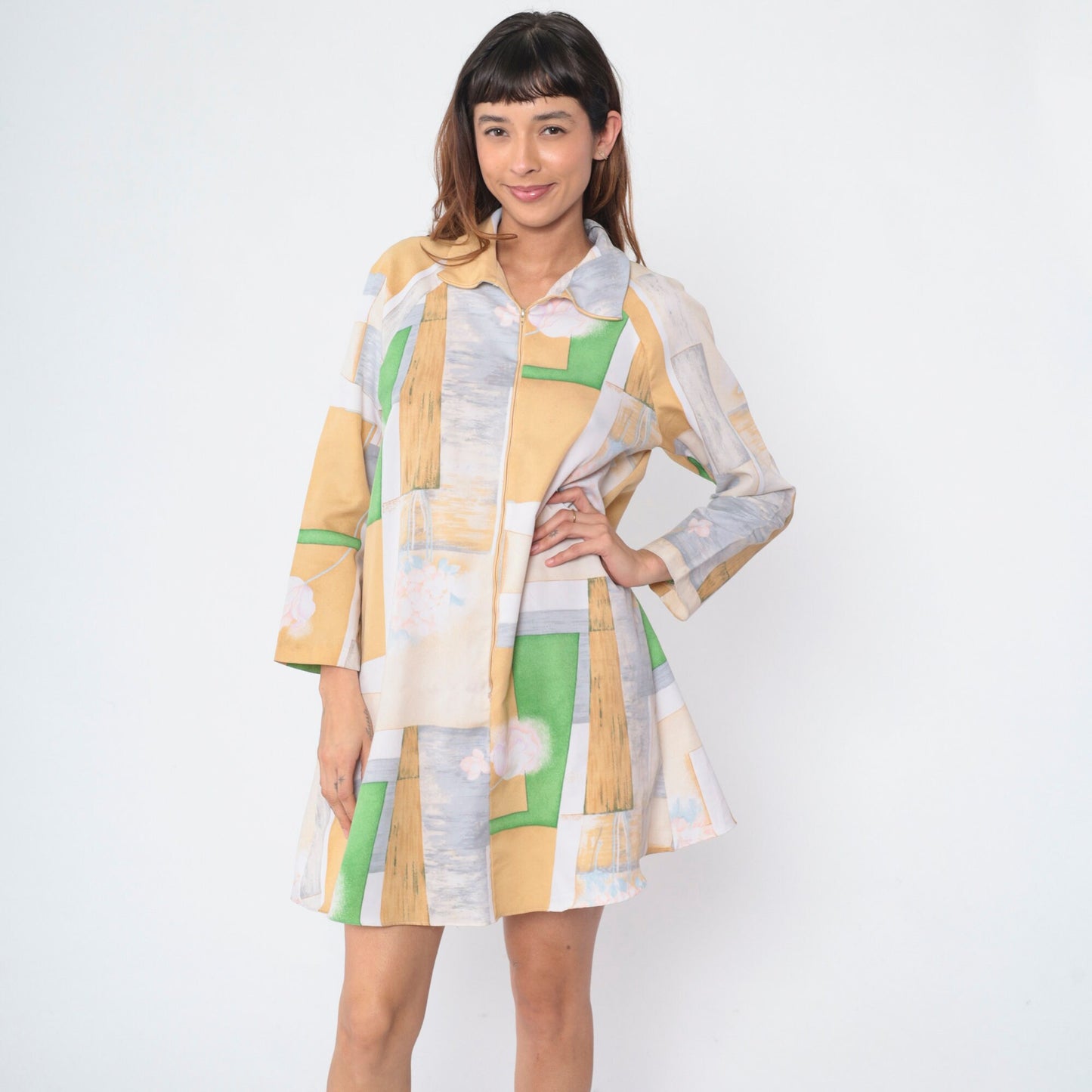 70s Abstract Floral Mini Dress Long Sleeve Zip Front Shift Medium M