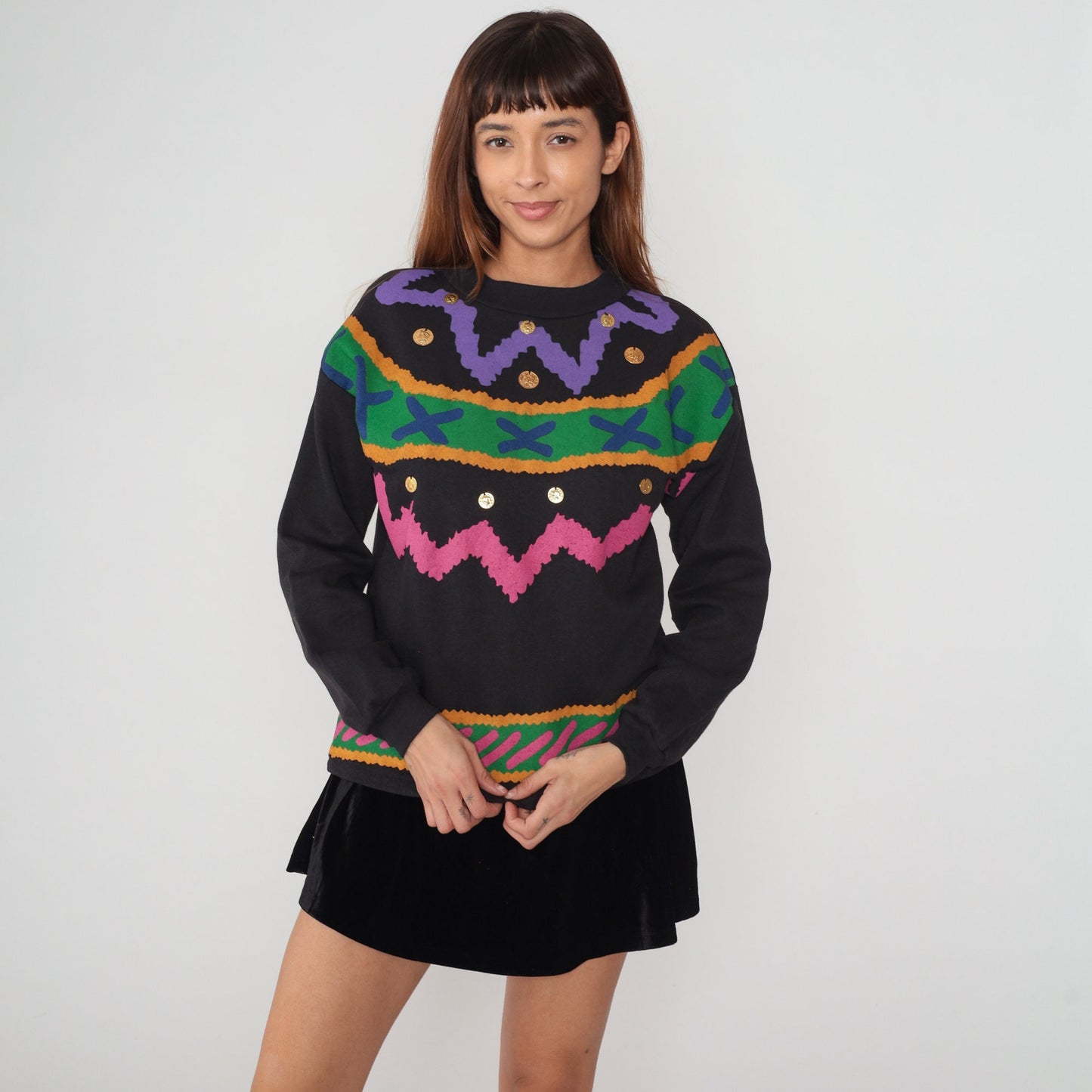 90s California Trends Black Sweatshirt Gold Coin Embellished Abstract Squiggle Small