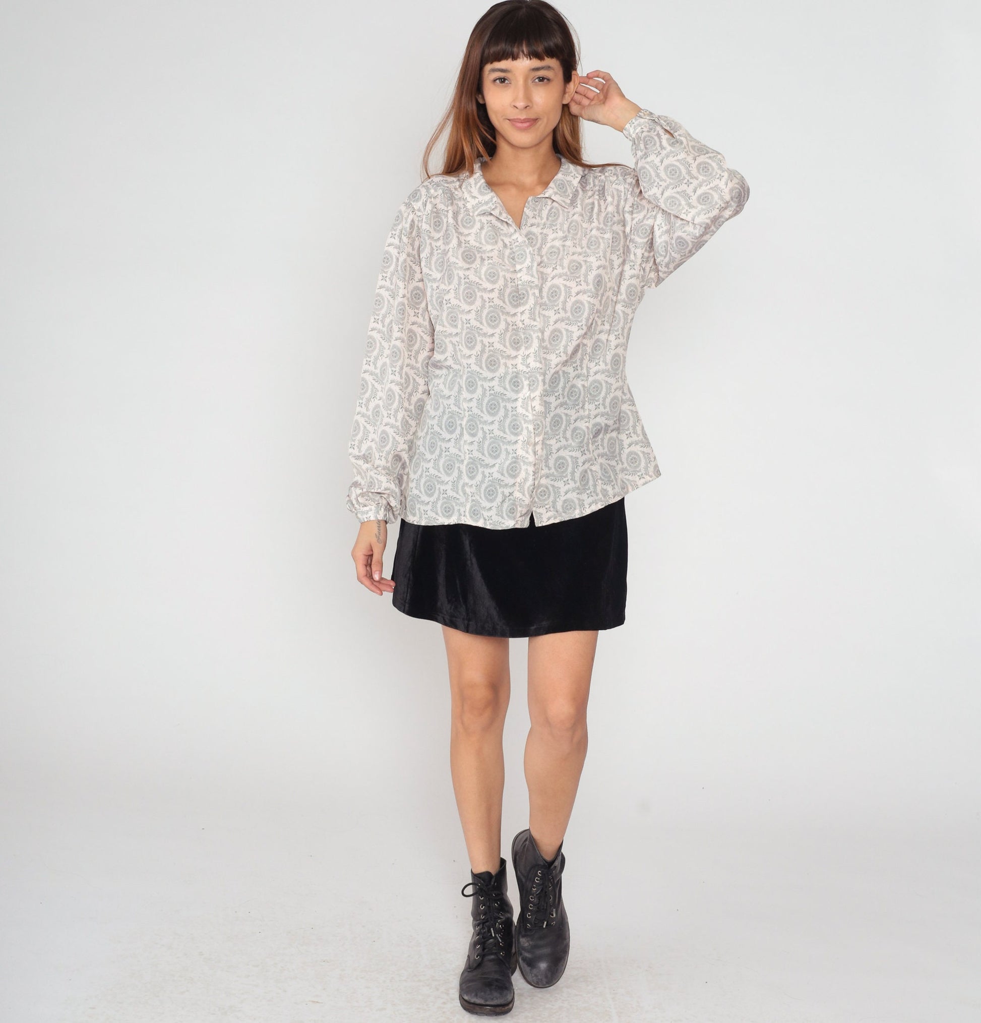 80s Worthington Floral Mandala Vine Print Button-Up Blouse Grey White Extra Large