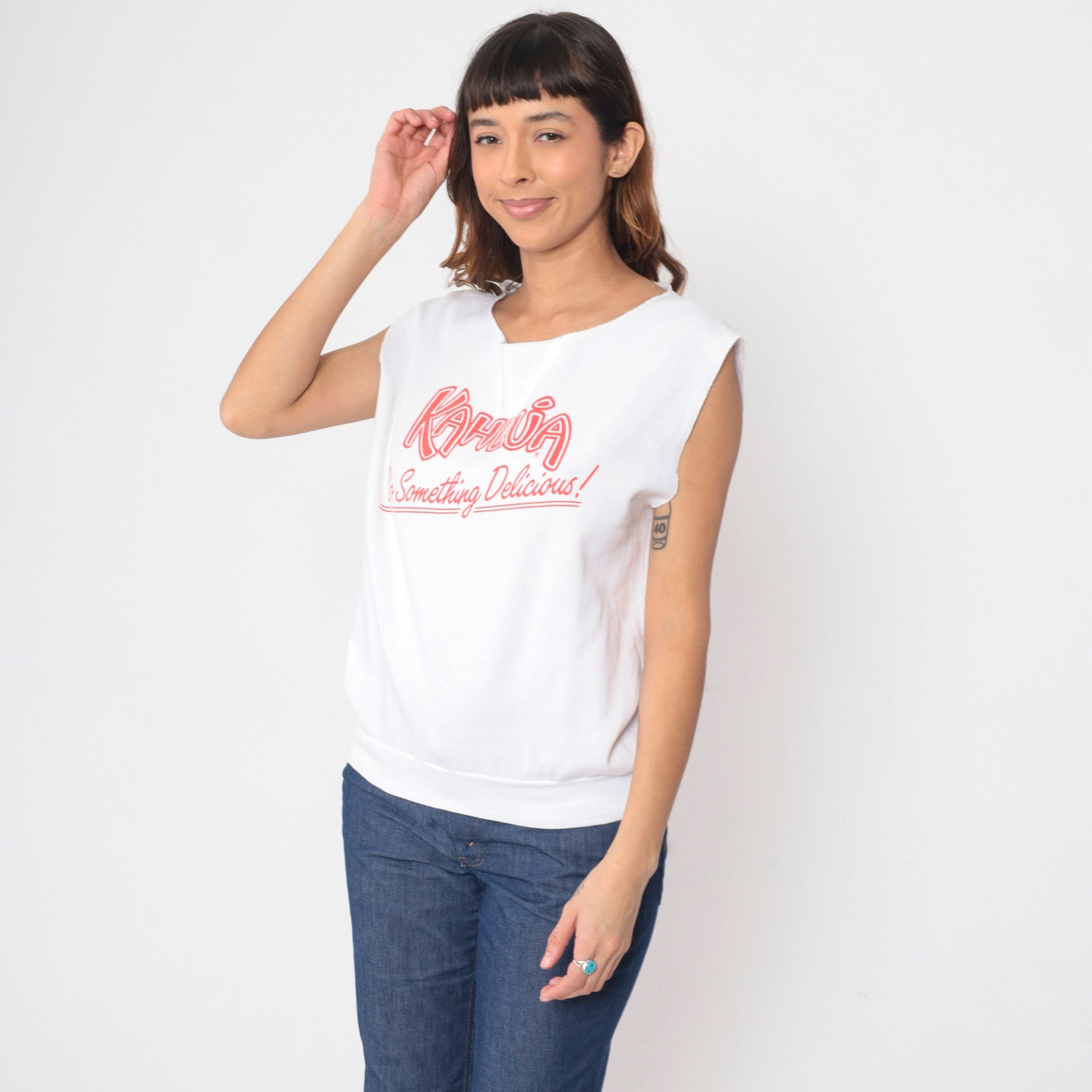 90s Kahlua Graphic Tee Cap Sleeve Sweatshirt White Medium