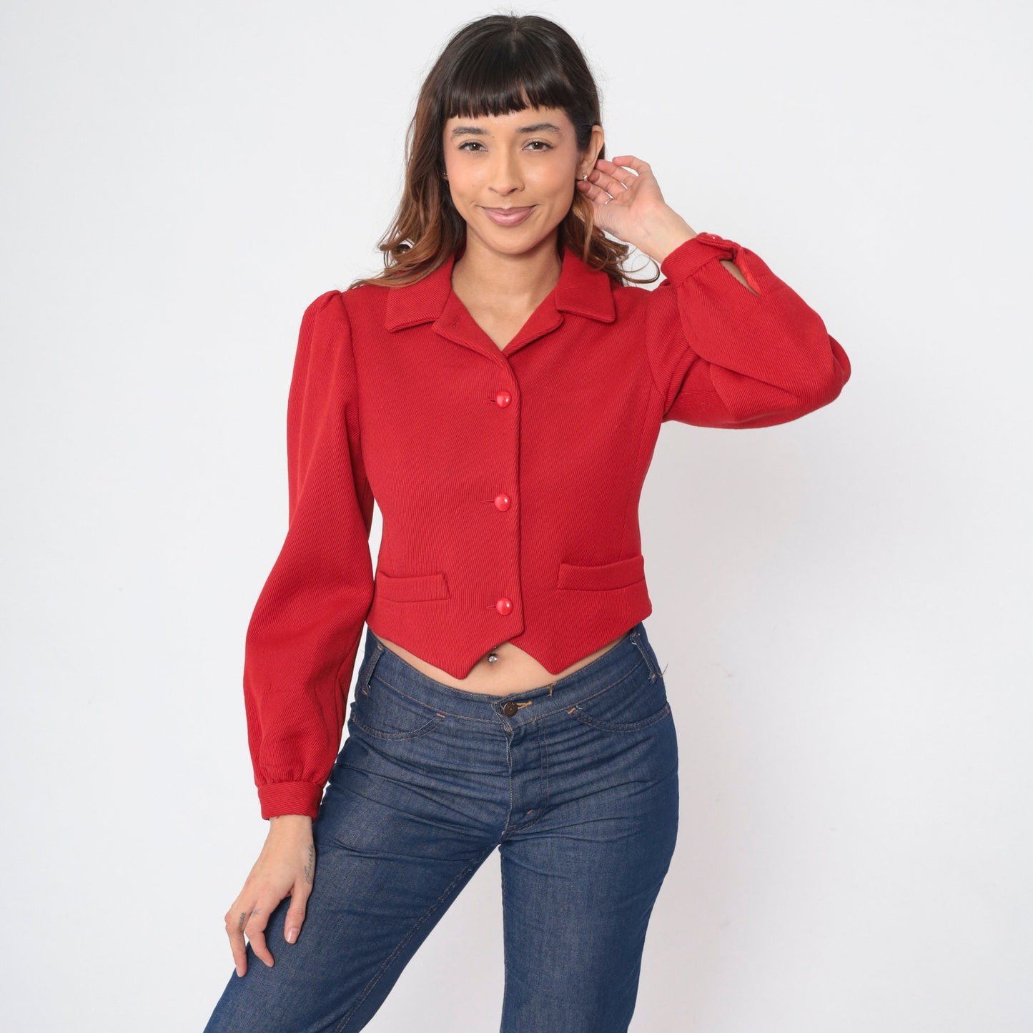 70s Red Corduroy Puff Sleeve Blouse Notched Hem Crop Top Small