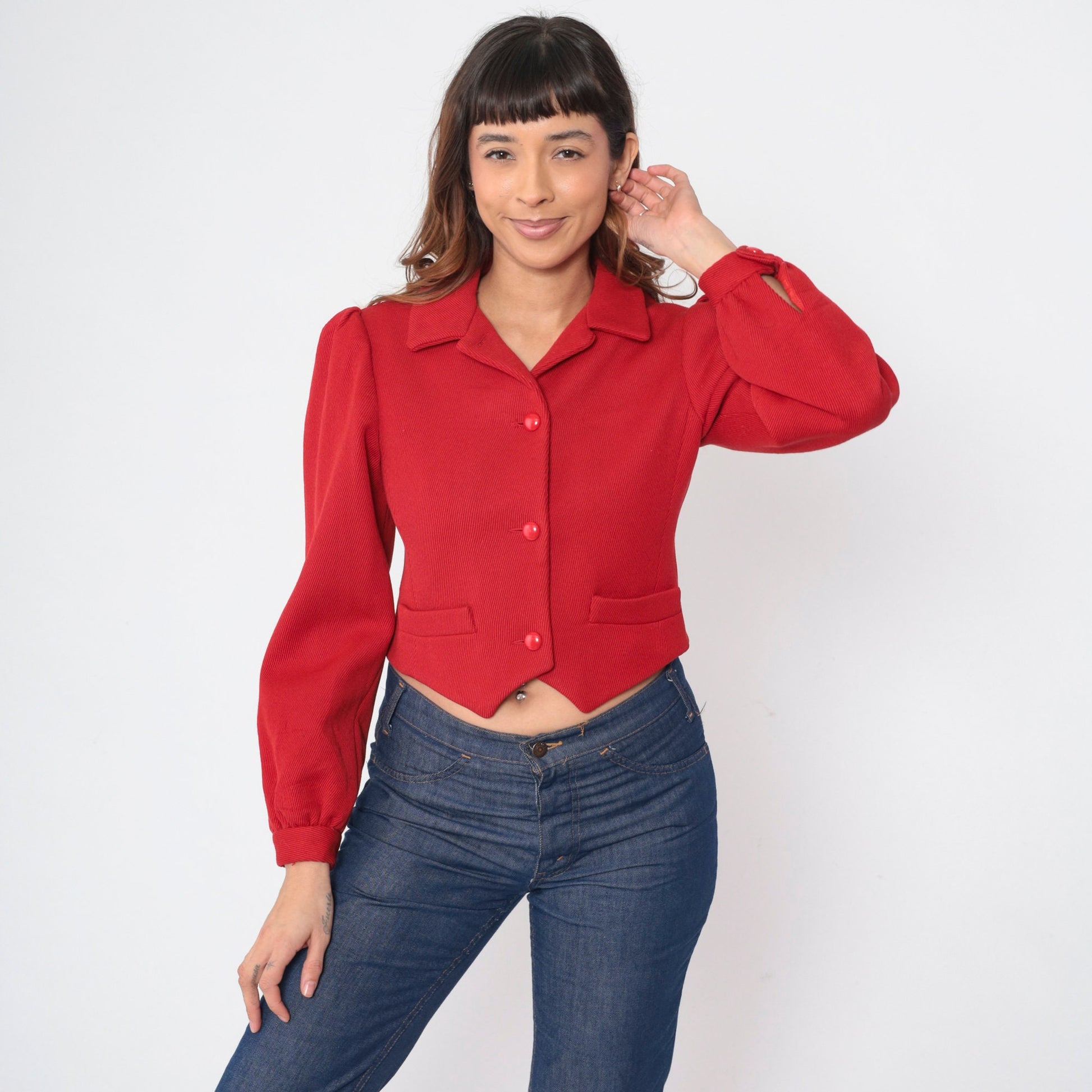 70s Red Corduroy Puff Sleeve Blouse Notched Hem Crop Top Small