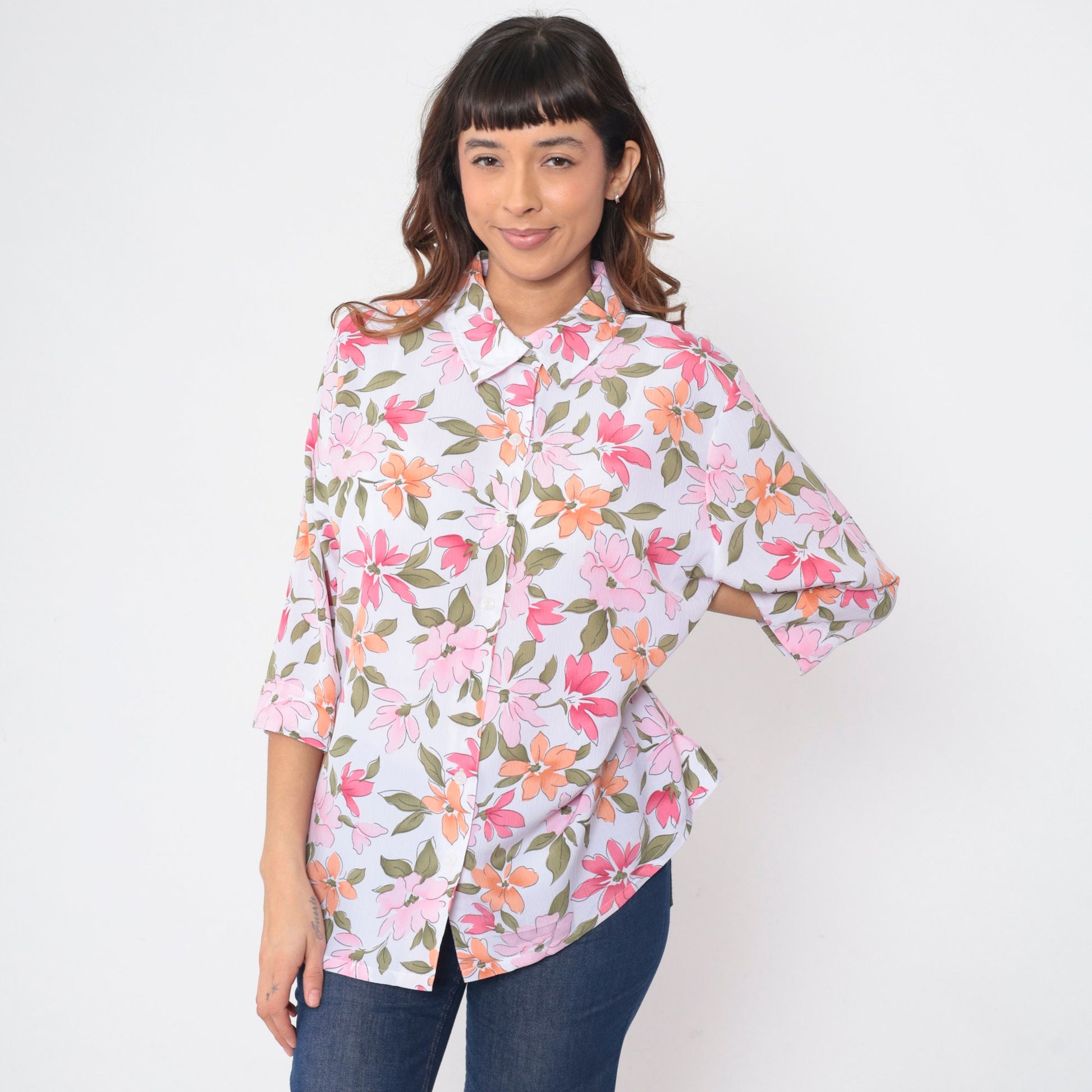 90s Bon Worth Floral Button-Up Blouse Pink Orange 3/4 Sleeve Large Petite