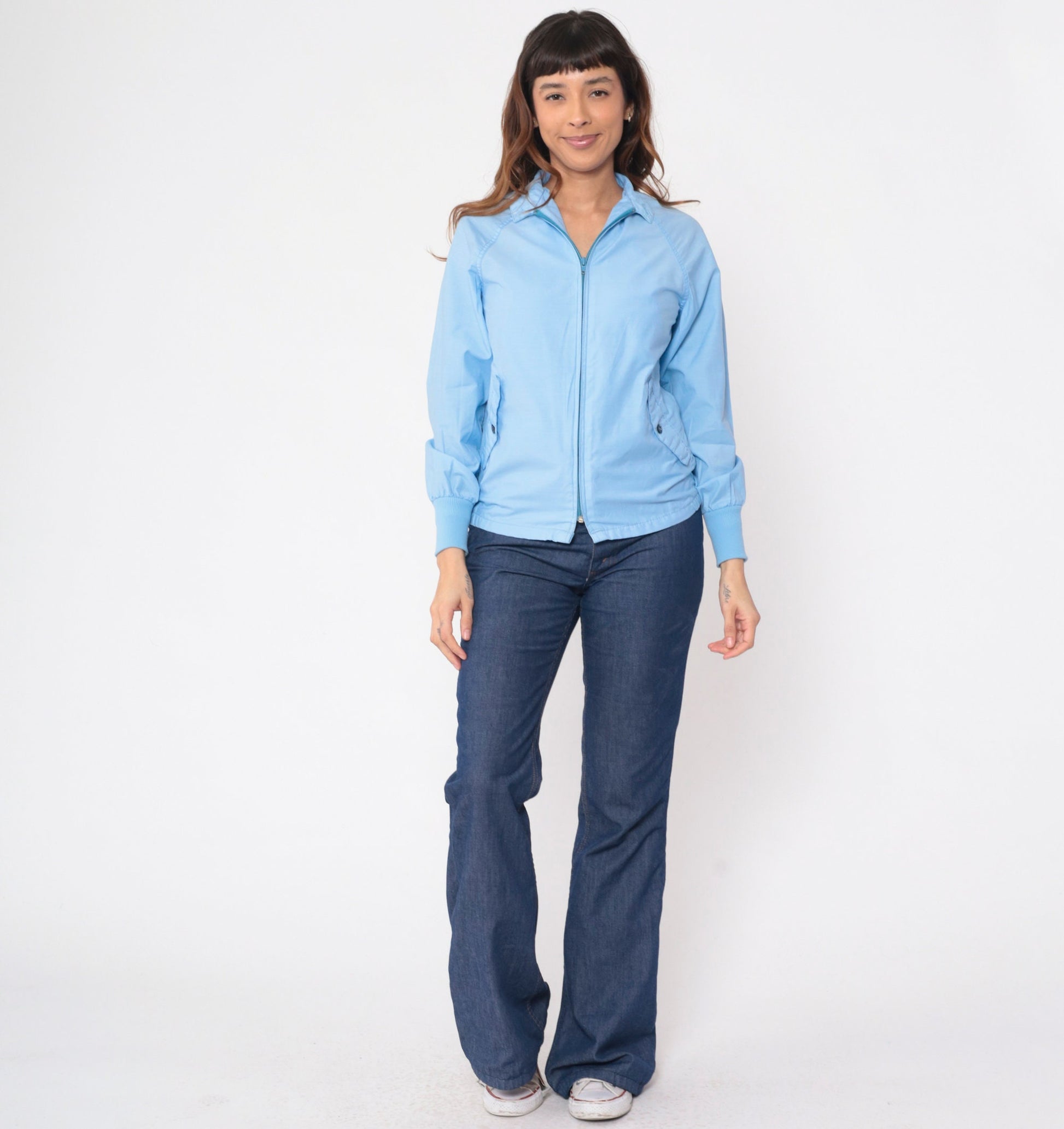 80s Baby Blue Windbreaker Jacket Raglan Sleeve Zip Up Extra Small