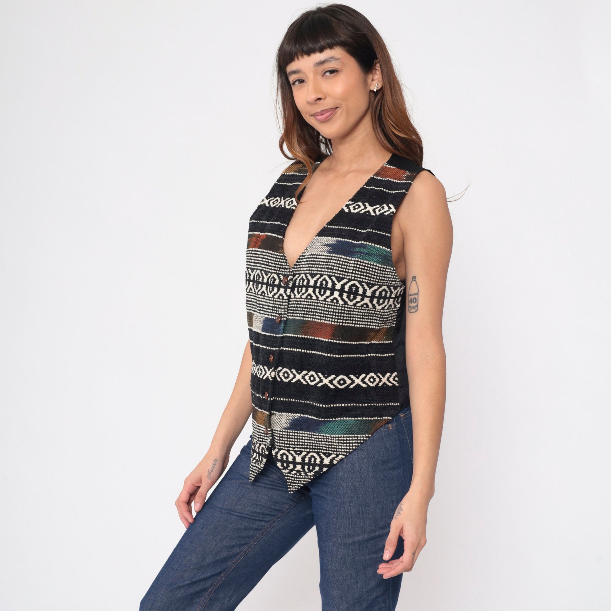 90s Jane Ashley Southwestern Striped Vest Ikat Woven Black White Medium