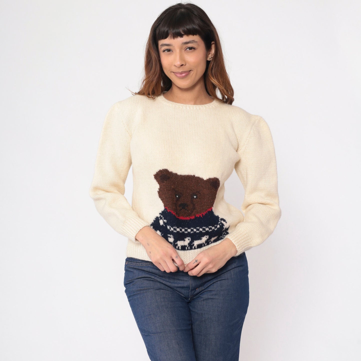 80s Cream Wool Teddy Bear Sweater Knit Pullover Small S