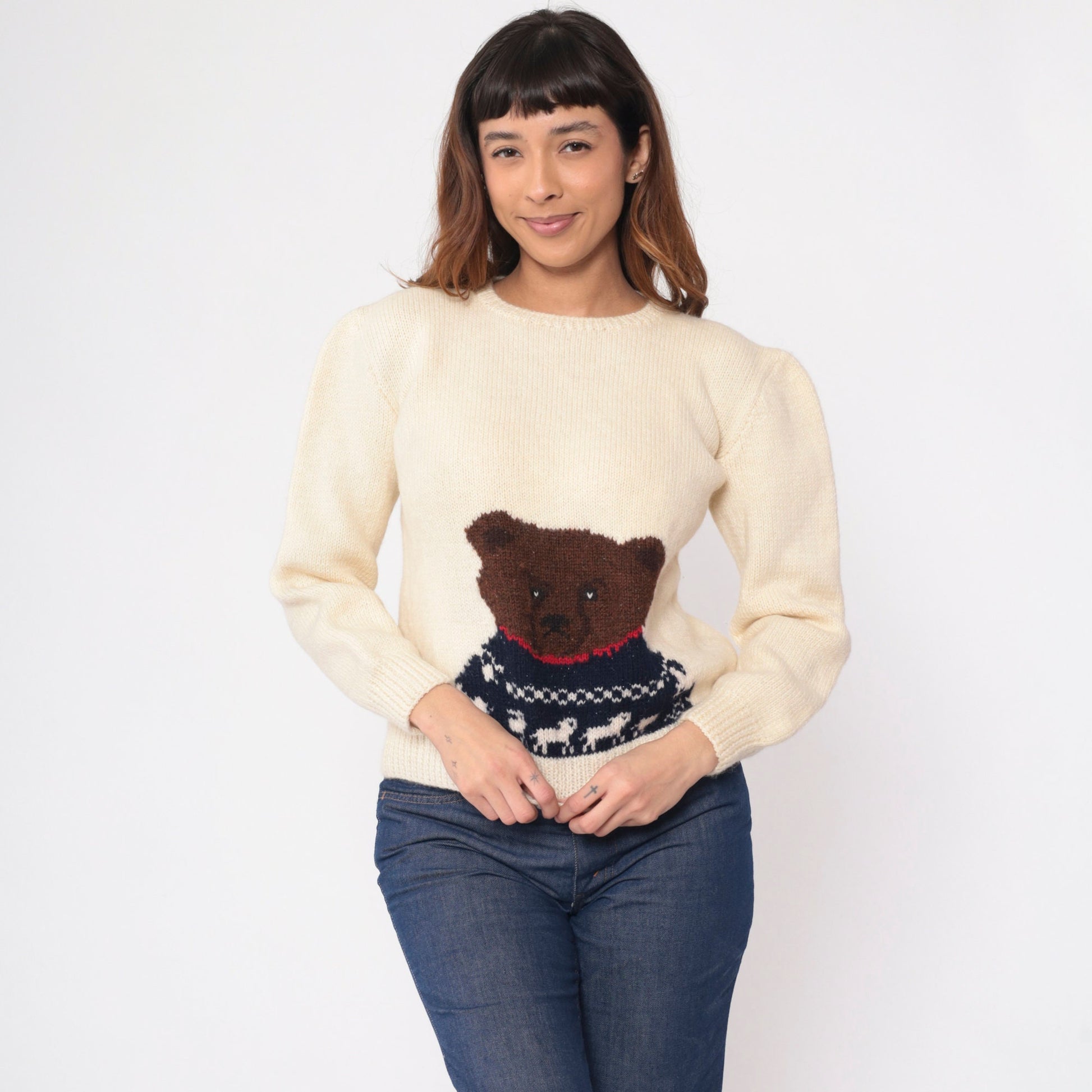 80s Cream Wool Teddy Bear Sweater Knit Pullover Small S