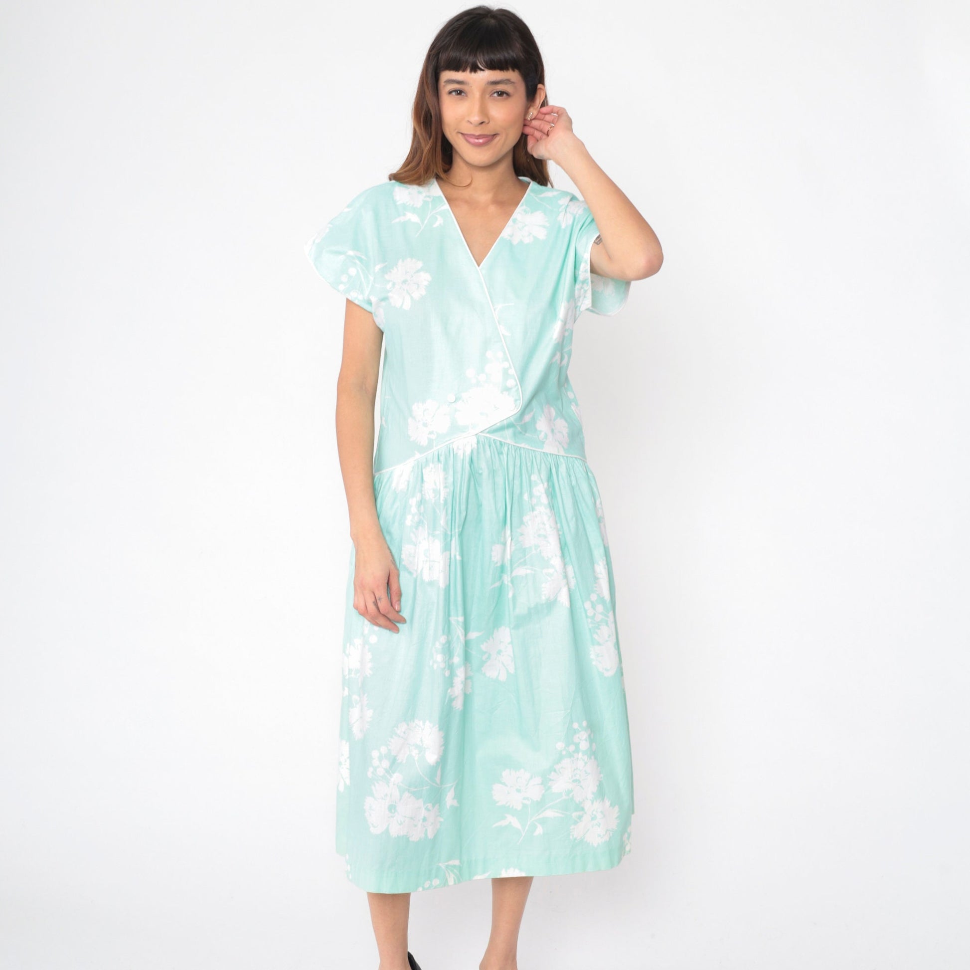 80s Mint Floral Midi Dress High Waisted Button Front Short Sleeve Medium