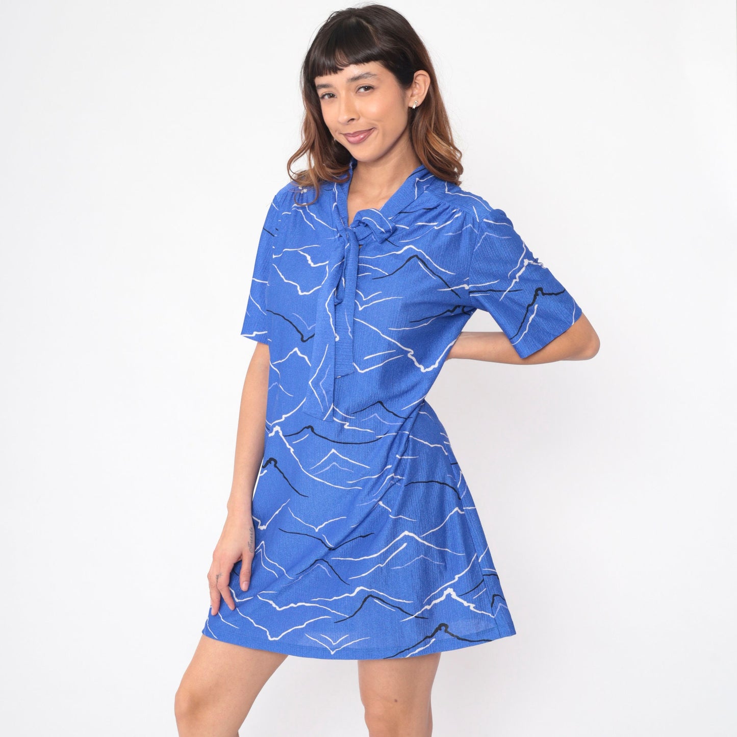 70s Mountain Print Mini Dress Blue Ascot Neck Tie Short Sleeve Large L