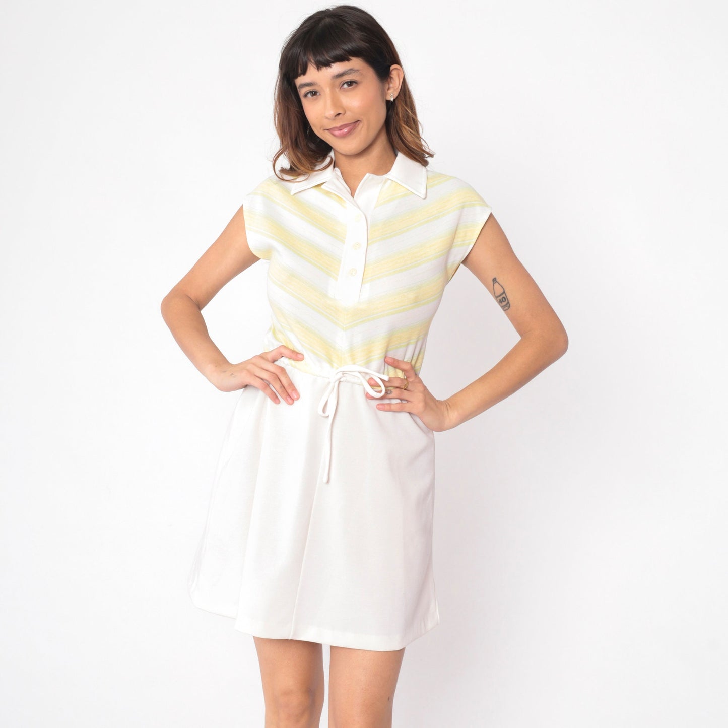 70s Chevron Striped Mini Dress Yellow White Collared Button-Up Small S