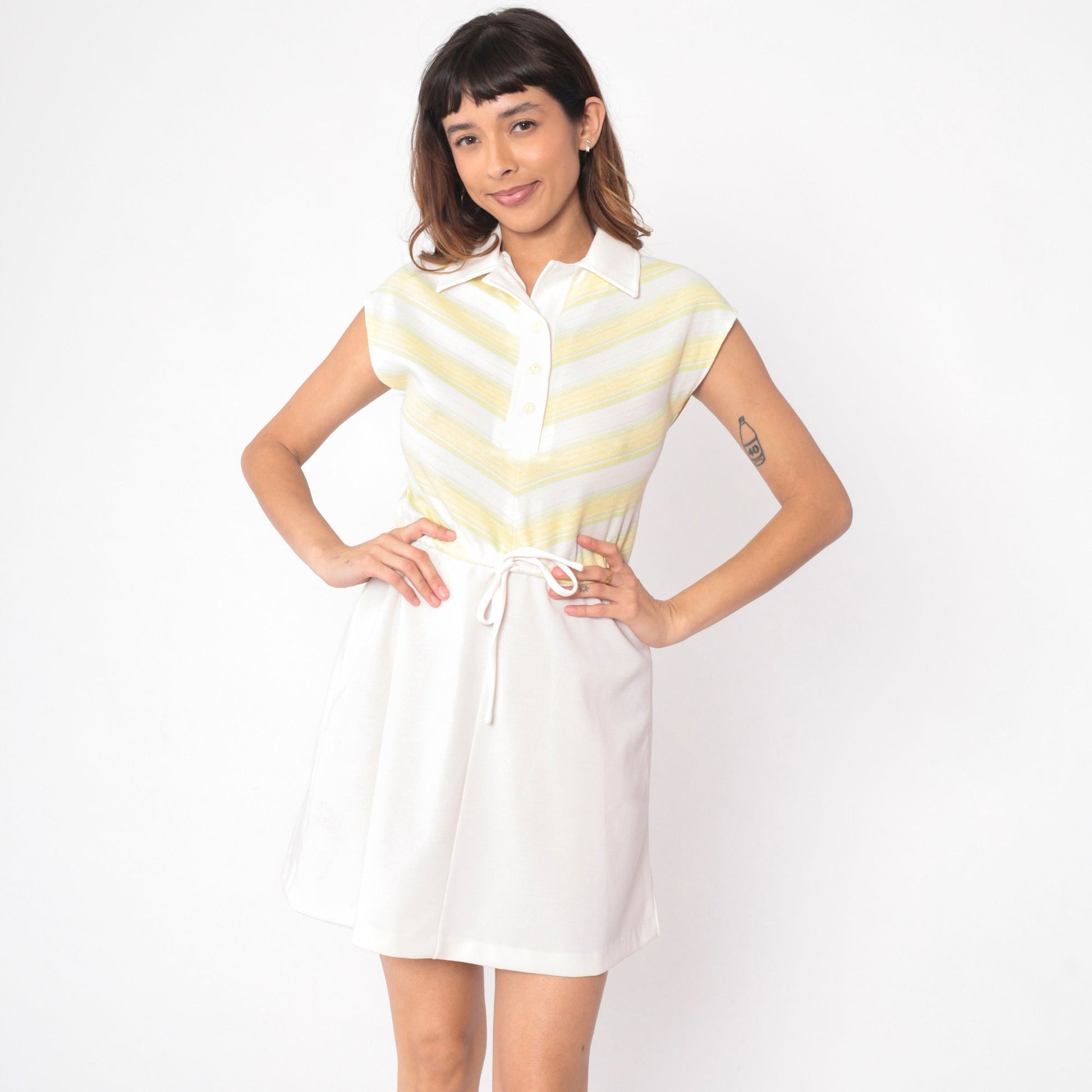 70s Chevron Striped Mini Dress Yellow White Collared Button-Up Small S